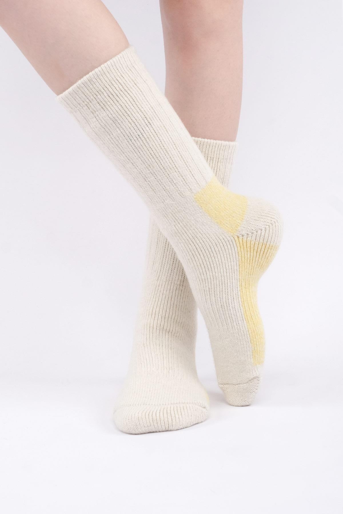 Mısırlı Unisex Alpaka Yünü Havlu Kışlık Soket Çorap Ekru/Sarı