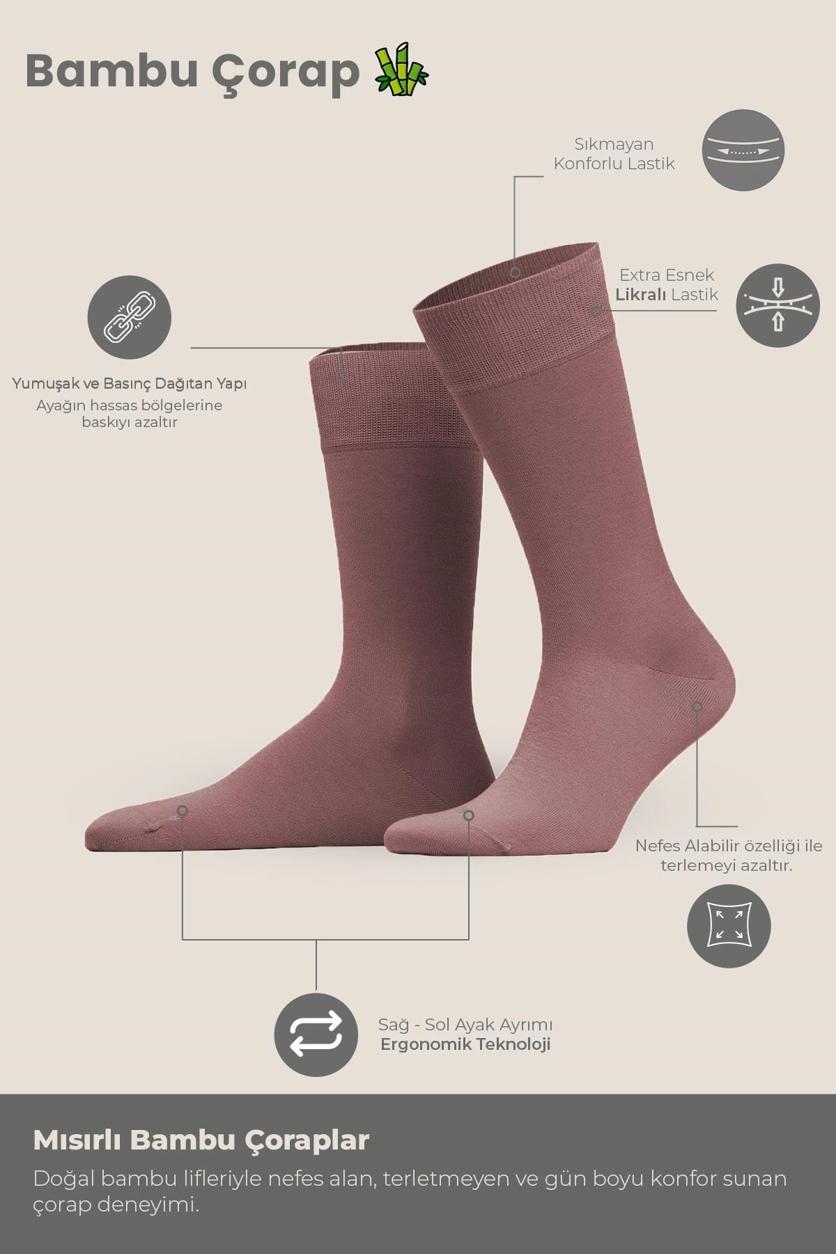 Mısırlı Unisex Bambu Soket Çorap Likralı Lavender