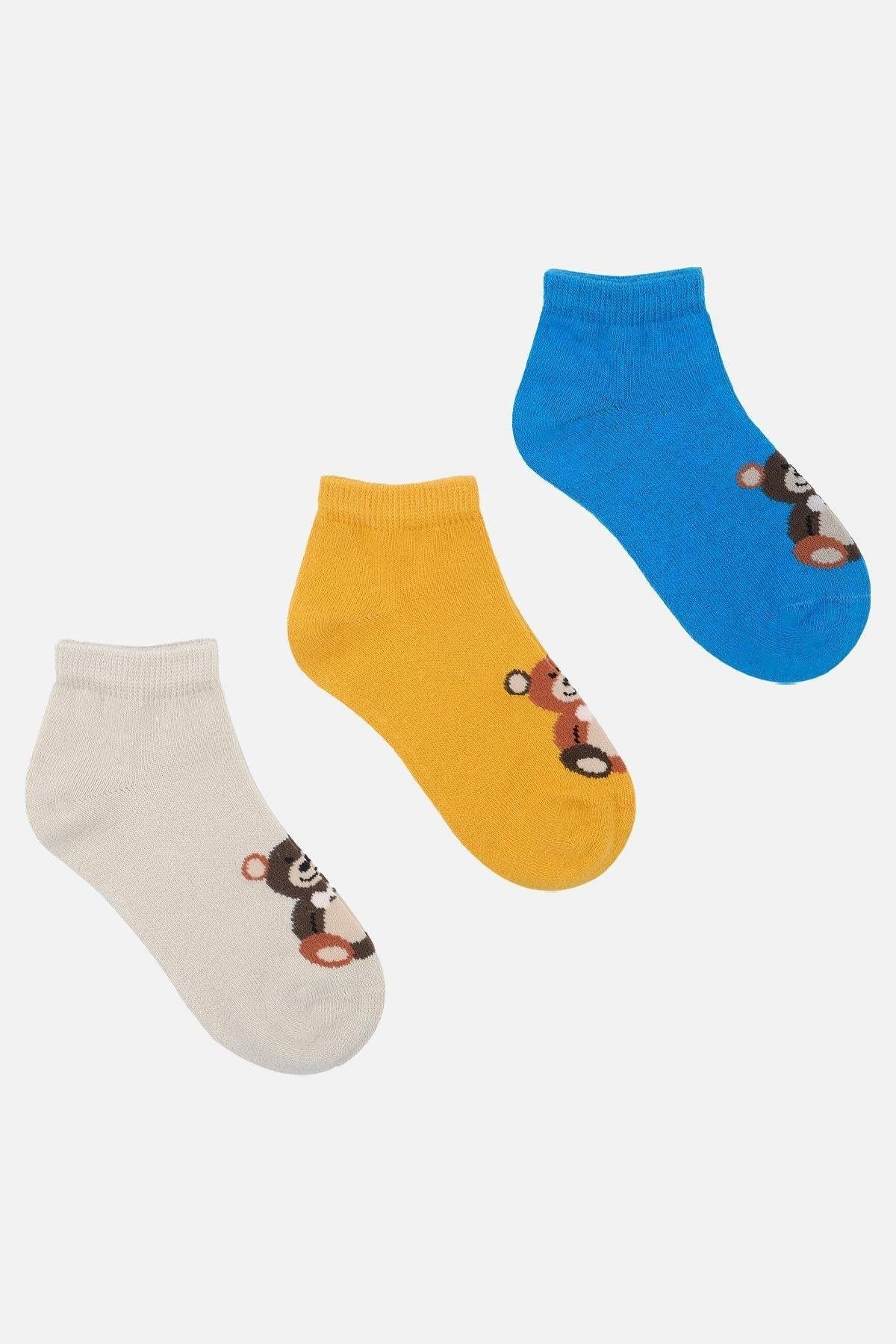 Mısırlı Unisex Pamuklu 3 Çift Ayıcık Desenli Çocuk Patik Çorap Ayıcık Desenli