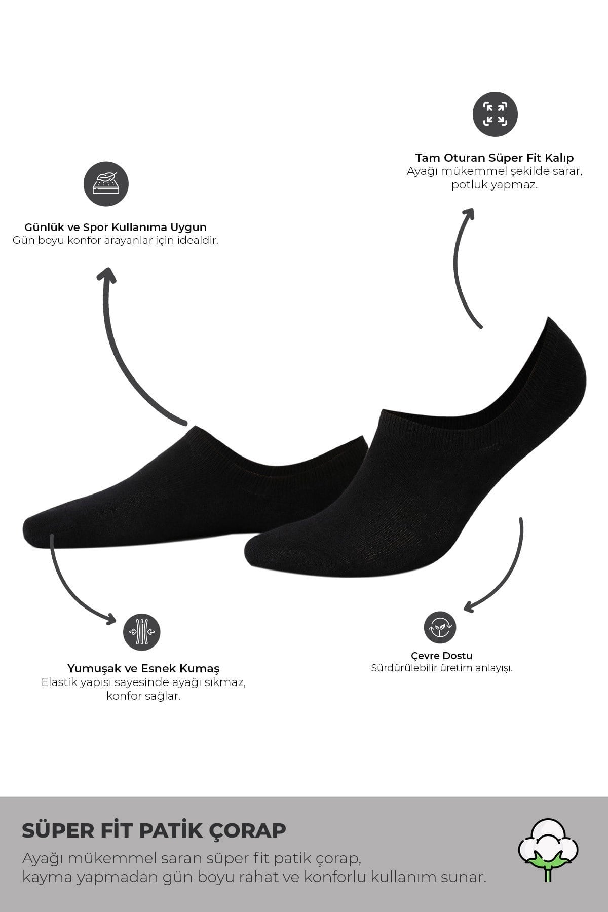 Mısırlı Unisex Pamuklu Süper Fit 4 Çift Sneaker Çorap Siyah