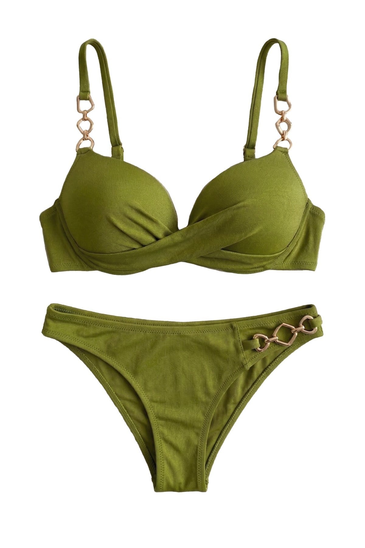 Mısırlı Zincir Detaylı Double Dolgulu Bikini Takım Çağla Yeşili
