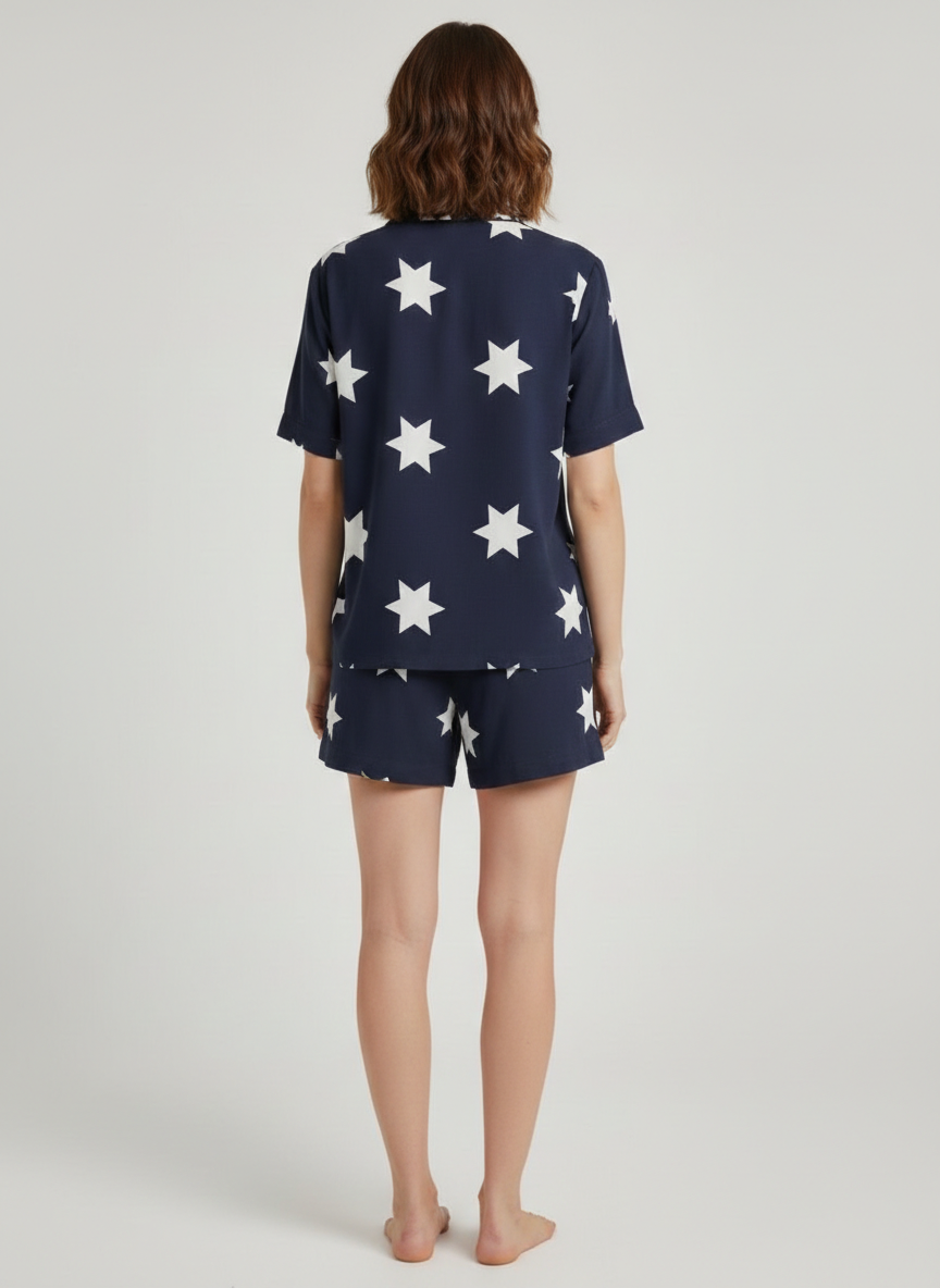 Pamuklu Kısa Kollu Gömlek Şortlu Takım Lacivert