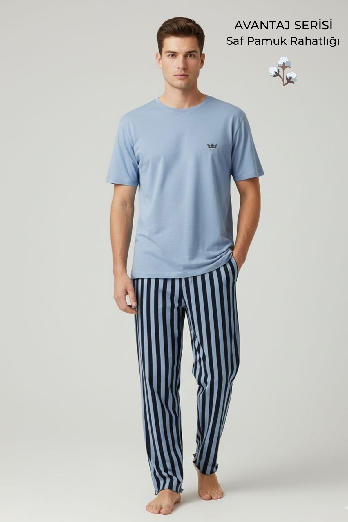 Pamuklu Kısa Kollu Pijama Takım Mavi-Lacivert