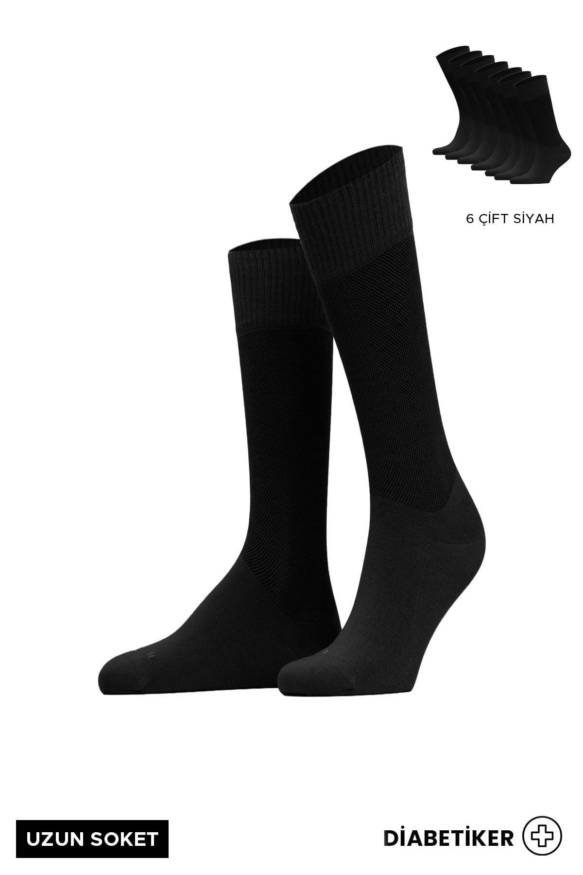 Unisex Bambu 6 Çift Diabetiker Lastiksiz Uzun Soket Çorap Siyah