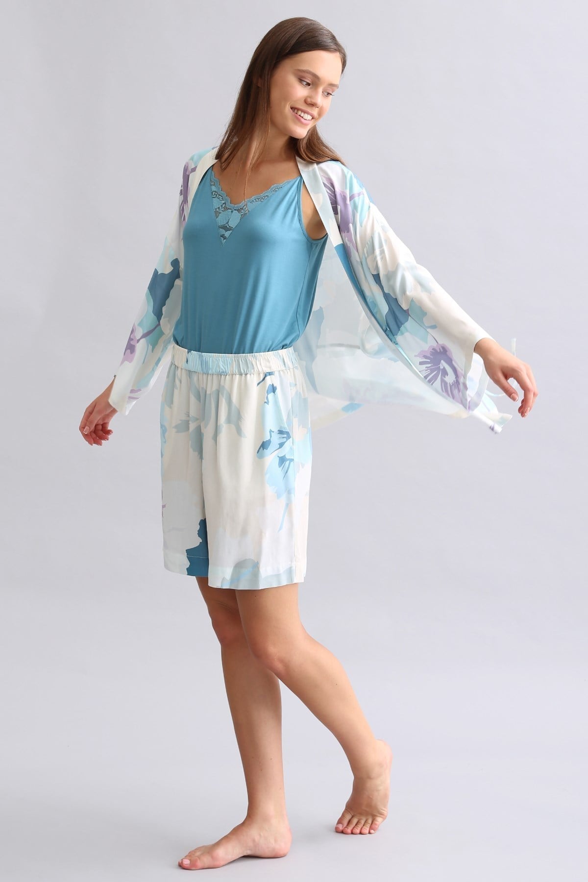 Viskon Aurora Desenli Dokuma Midi Şort Lacivert