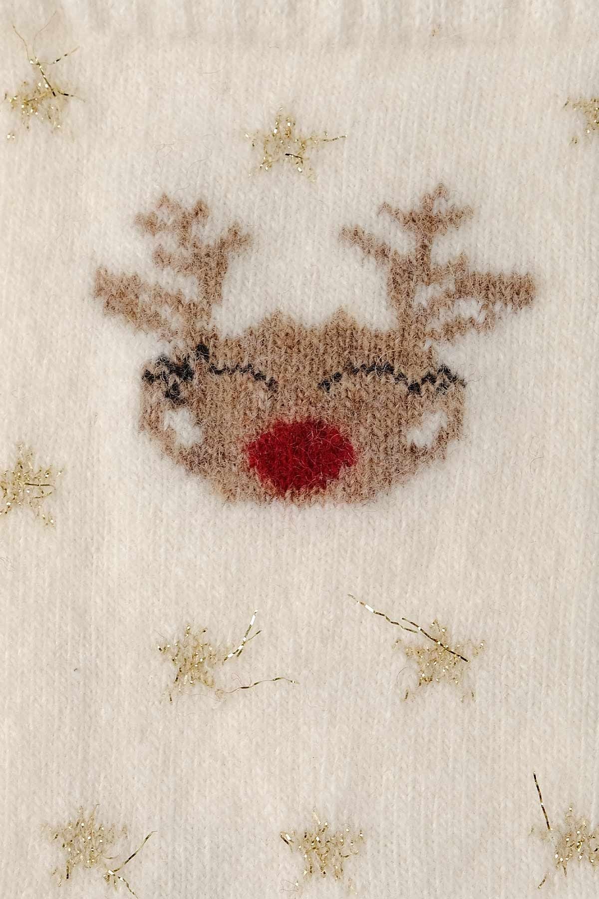 Aytuğ Kadın Kuzu Yünü (Lambswool) Tekli Yılbaşı Temalı Çorap Ekru