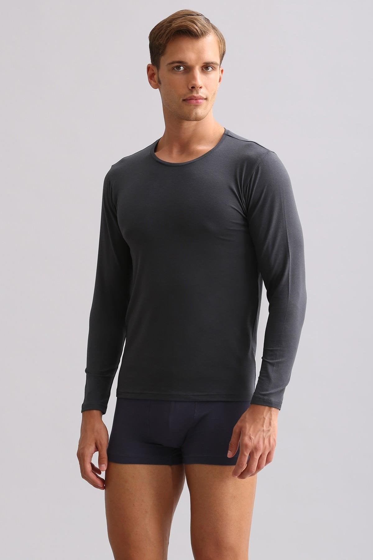 Erkek Modal by TENCEL HERCULES Slim Fit Bisiklet Yaka Uzun Kollu Fanila Antrasit