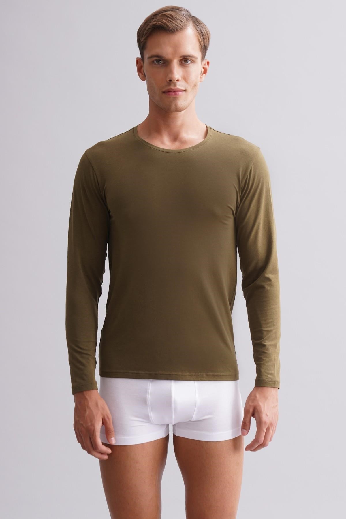 Erkek Modal by TENCEL HERCULES Slim Fit Bisiklet Yaka Uzun Kollu Fanila Koyu Haki