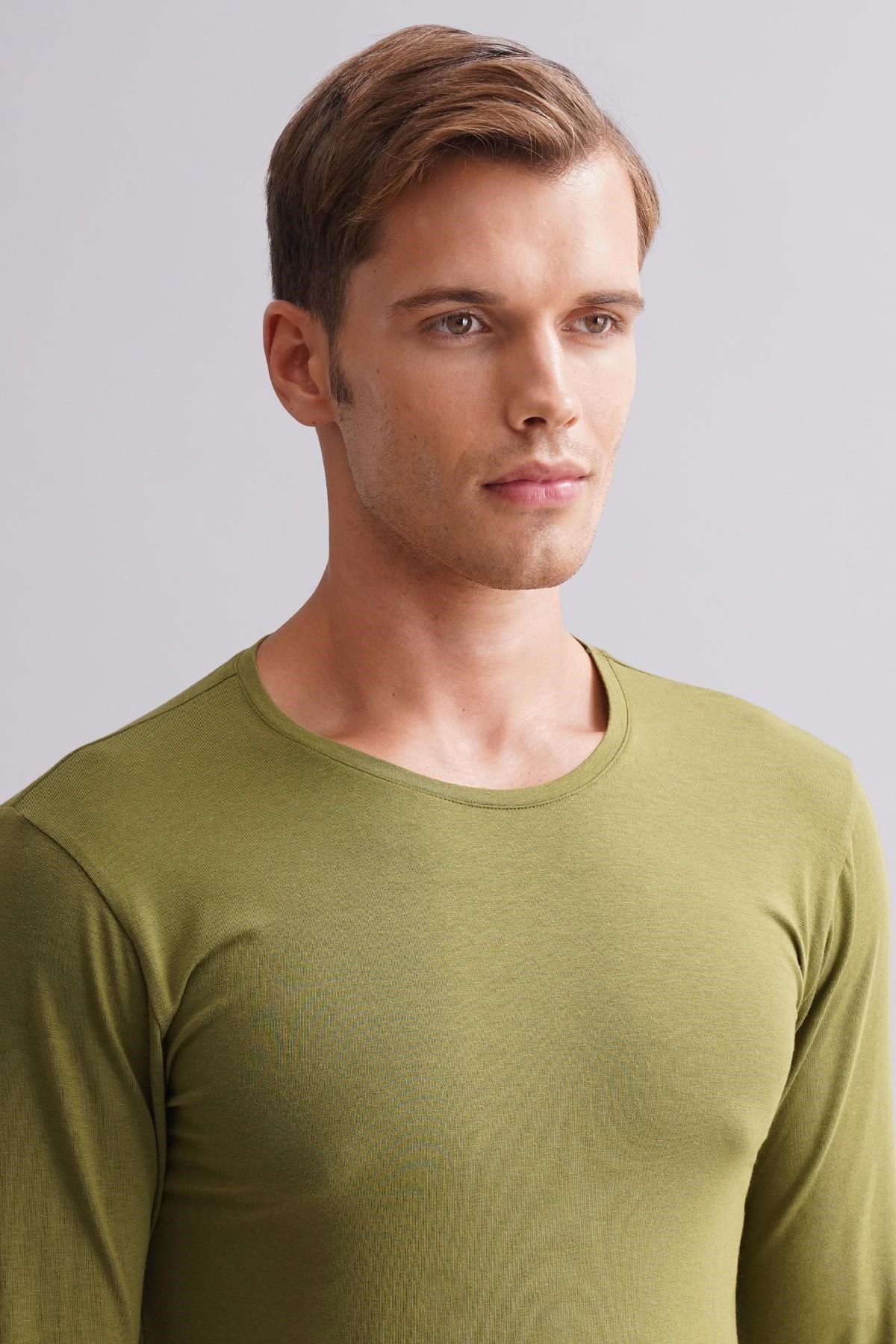 Mısırlı Modal by TENCEL HERCULES Slim Fit Bisiklet Yaka Uzun Kollu Fanila / T-Shirt Haki