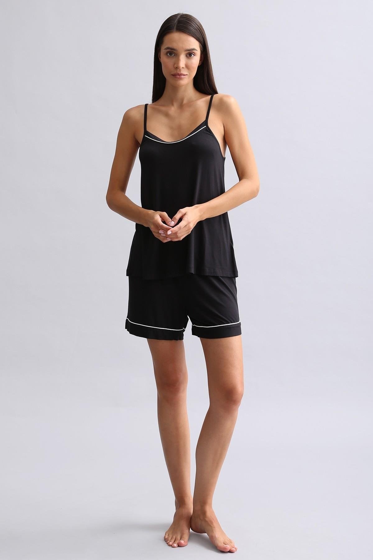 Kadın Modal İnce Askılı Pijama Üst Siyah