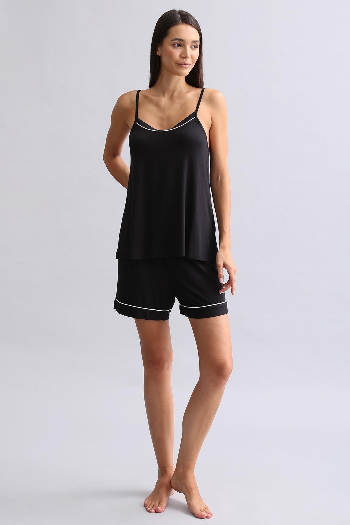 Kadın Modal İnce Askılı Pijama Üst Siyah