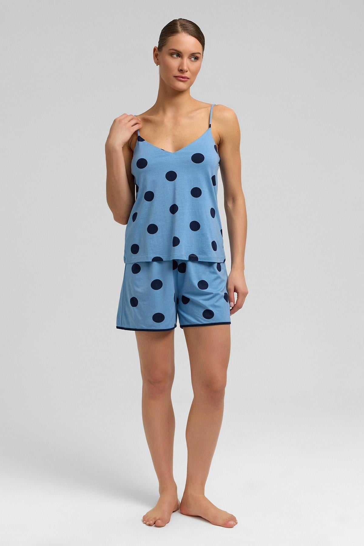 Kadın Modal Puantiyeli İp Askılı Pijama Üst Bebe Mavisi