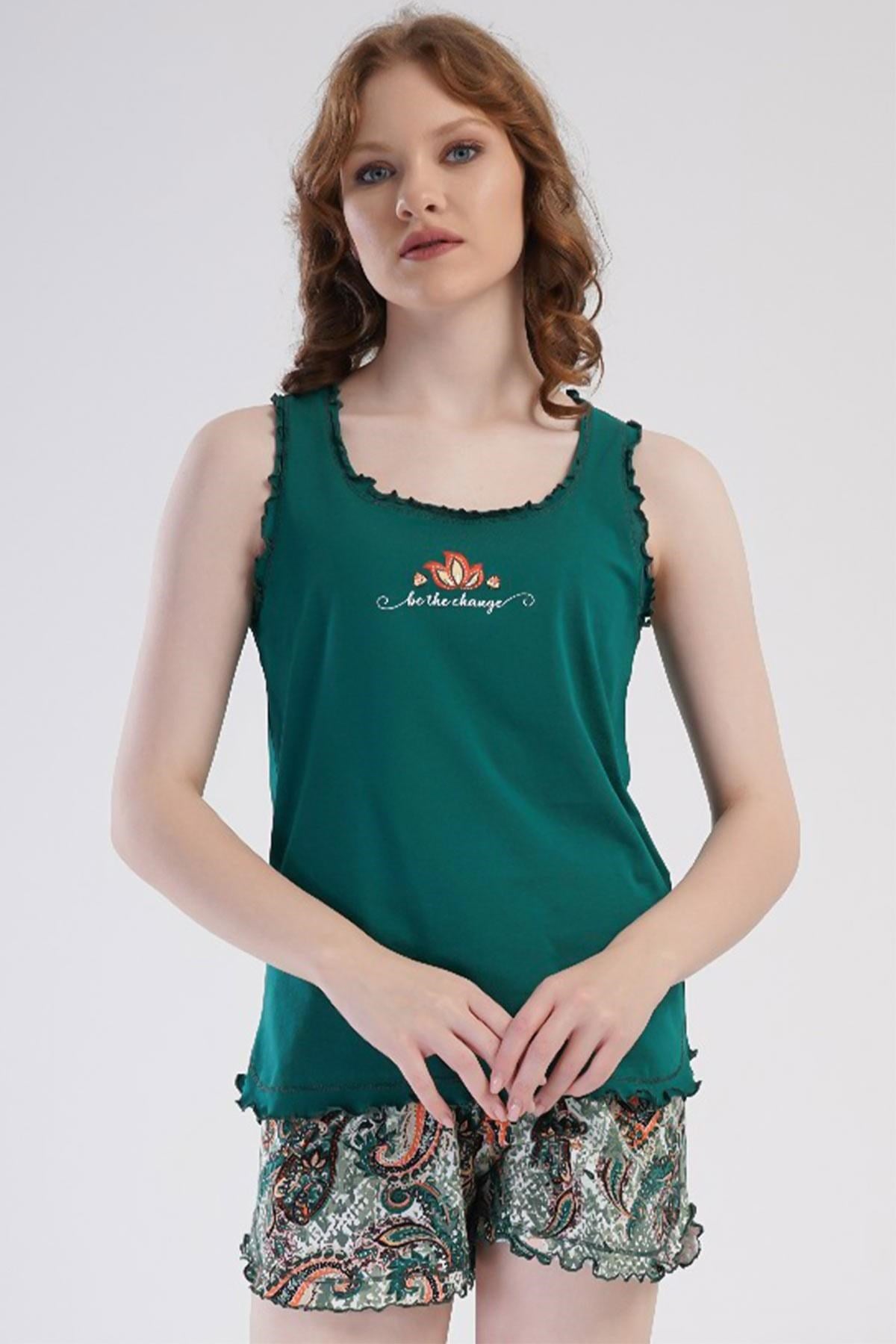 Mısırlı Kadın Pamuklu Kalın Askılı Şortlu Pijama Takımı Koyu Yeşil