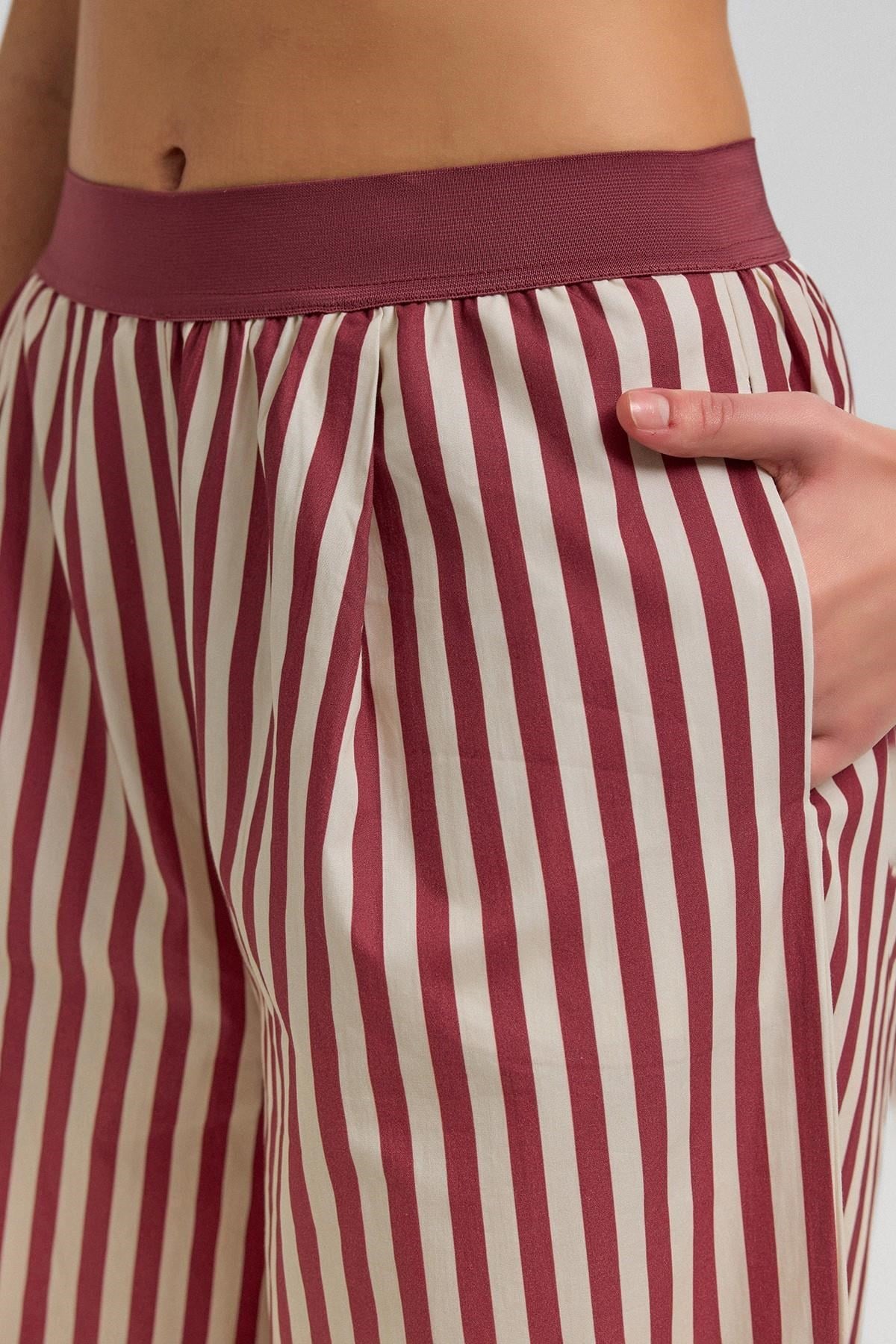 Kadın Pamuklu Poplin Pileli  Pantolon Bordo-Pembe