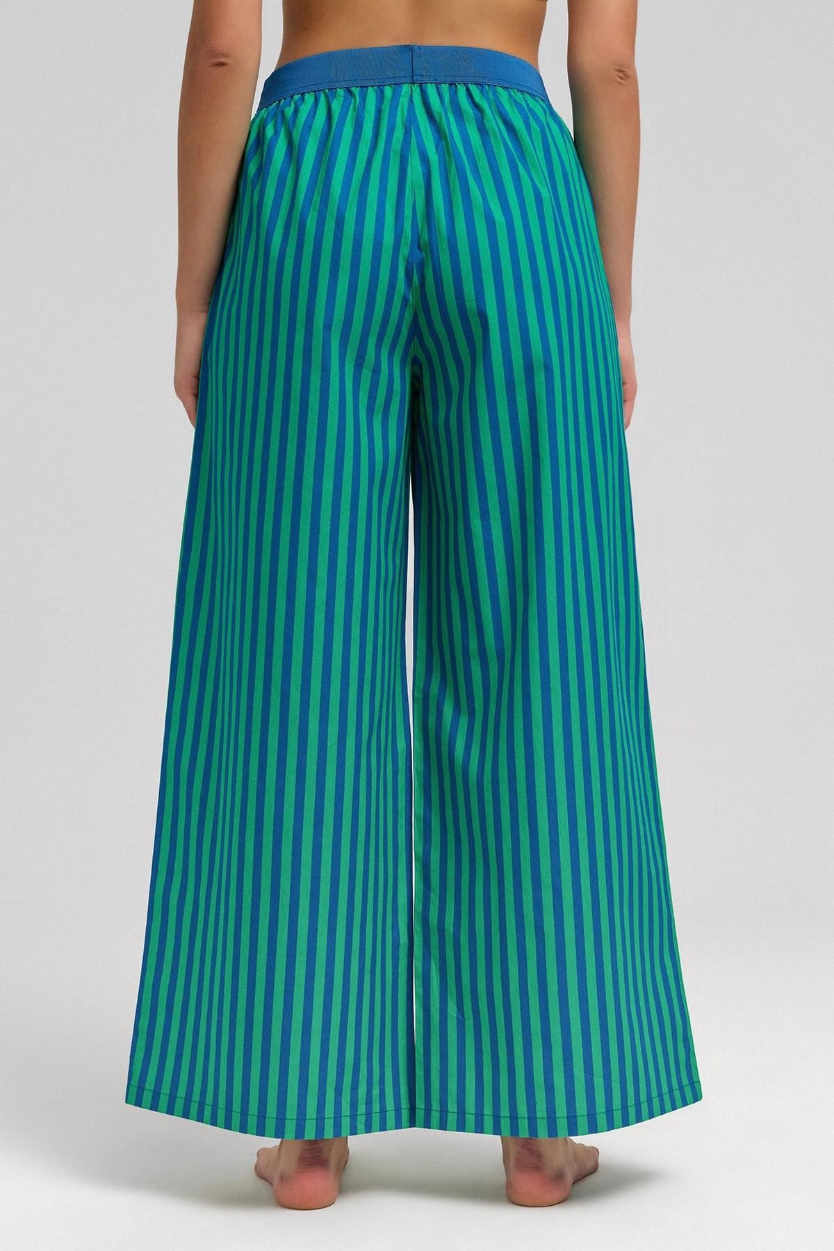 Kadın Pamuklu Poplin Pileli  Pantolon Yeşil/Lacivert