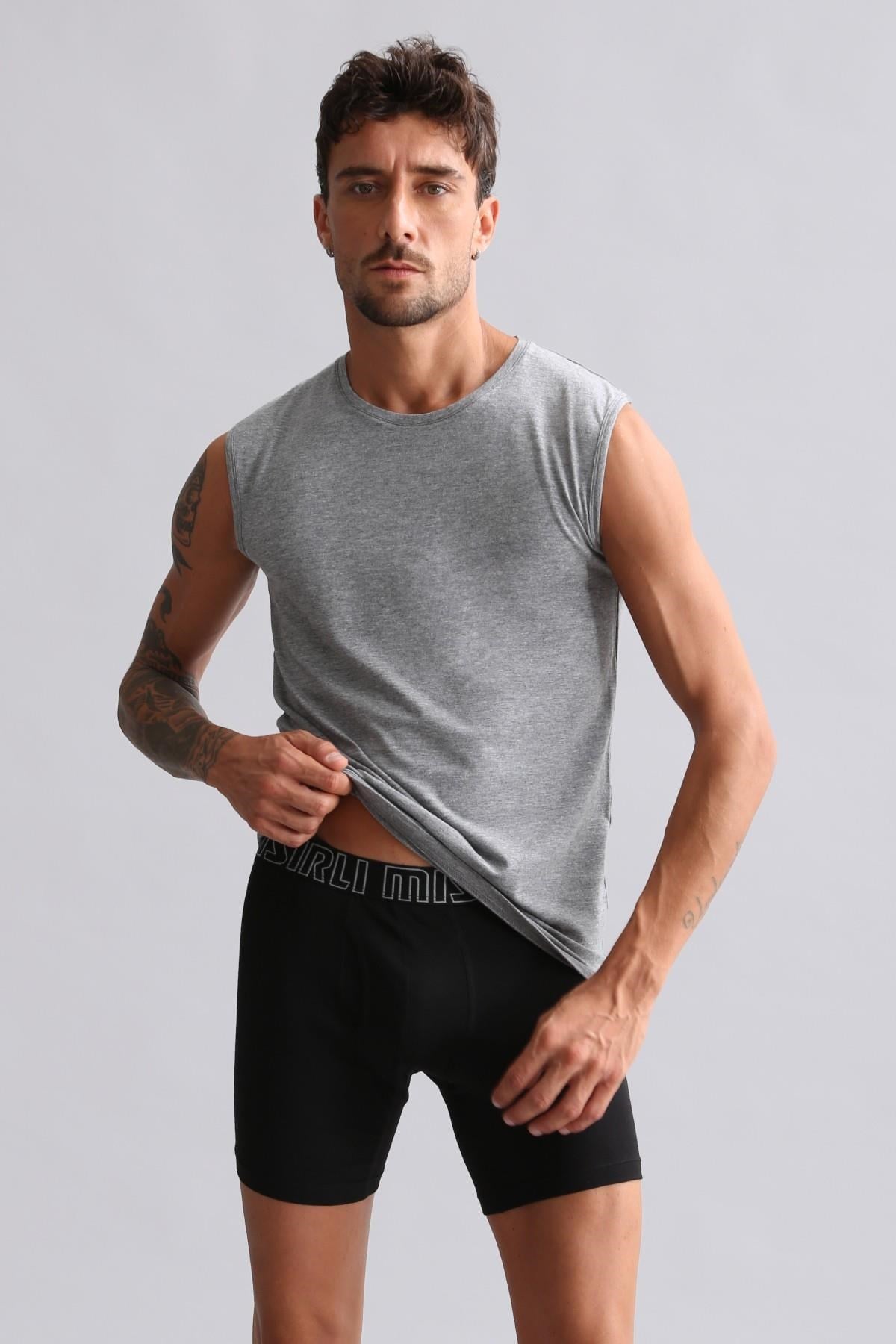 Mısırlı BAMBU HERCULES Slim Fit Bisiklet Yaka Sporcu Atlet / T-Shirt Gri Melanj