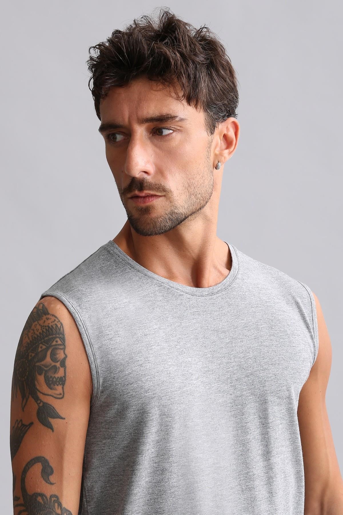 Mısırlı BAMBU HERCULES Slim Fit Bisiklet Yaka Sporcu Atlet / T-Shirt Gri Melanj