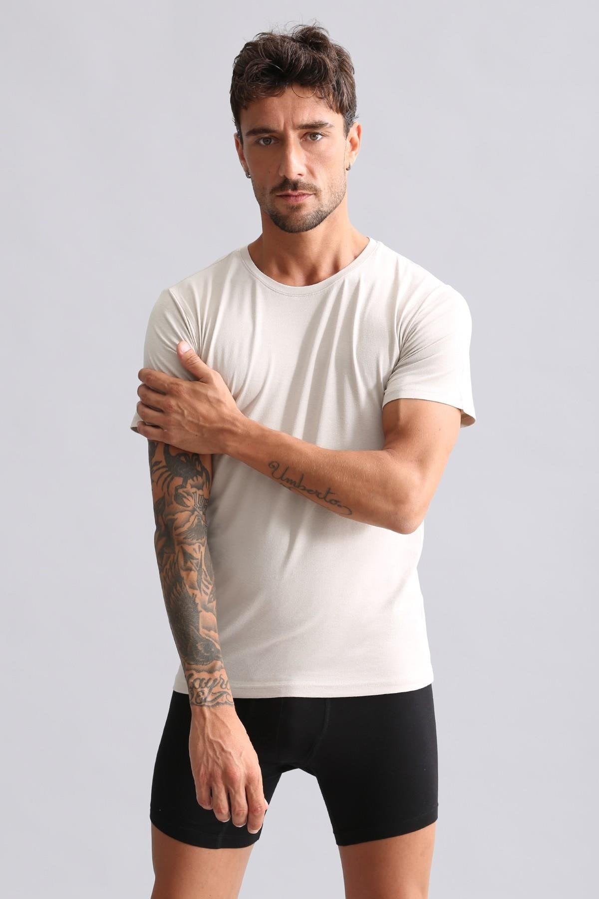 Mısırlı BAMBU HERCULES Slim Fit Bisiklet Yaka Fanila / T-Shirt Toprak Bej