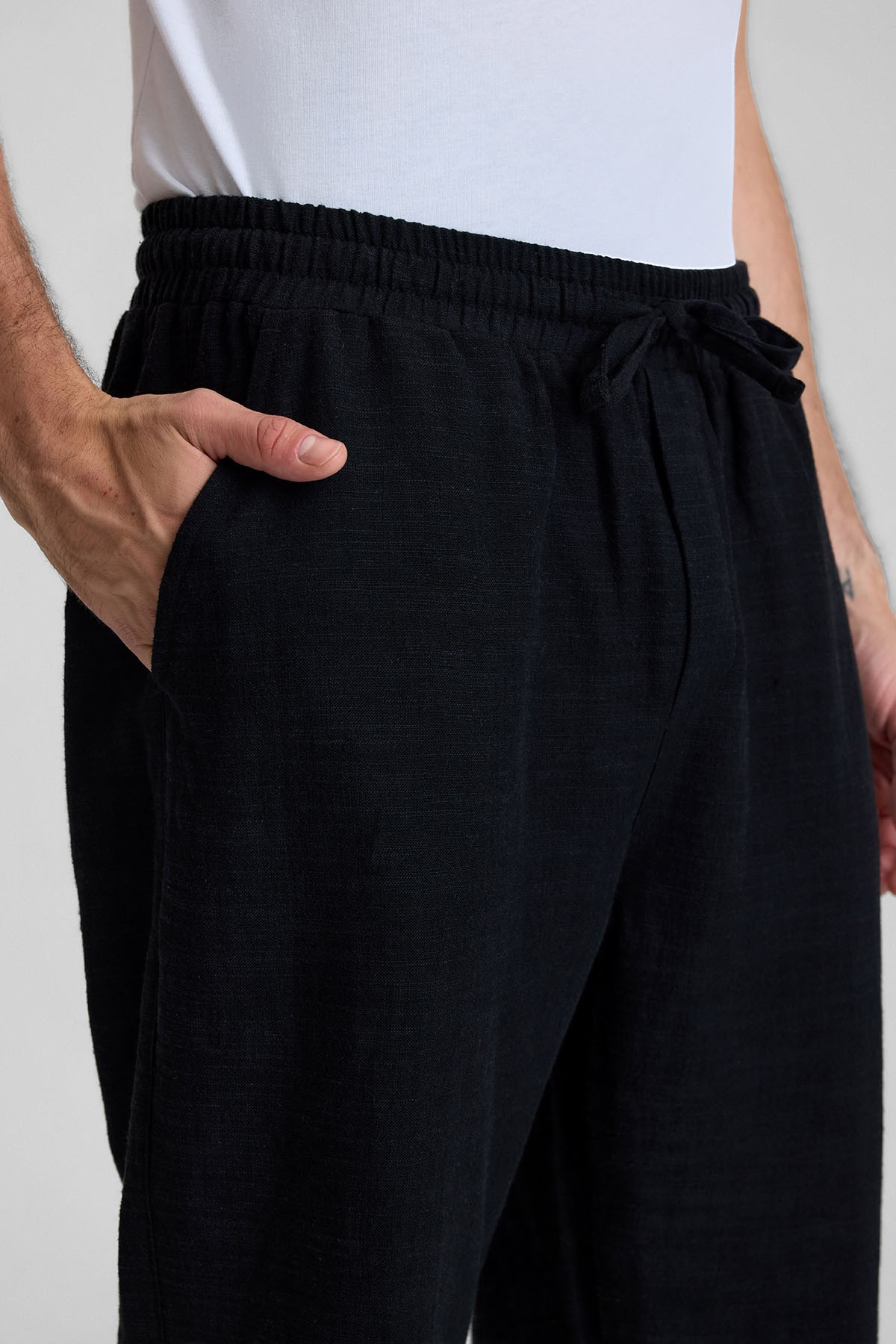 Mısırlı Erkek Beli Lastikli Keten Pantolon Siyah