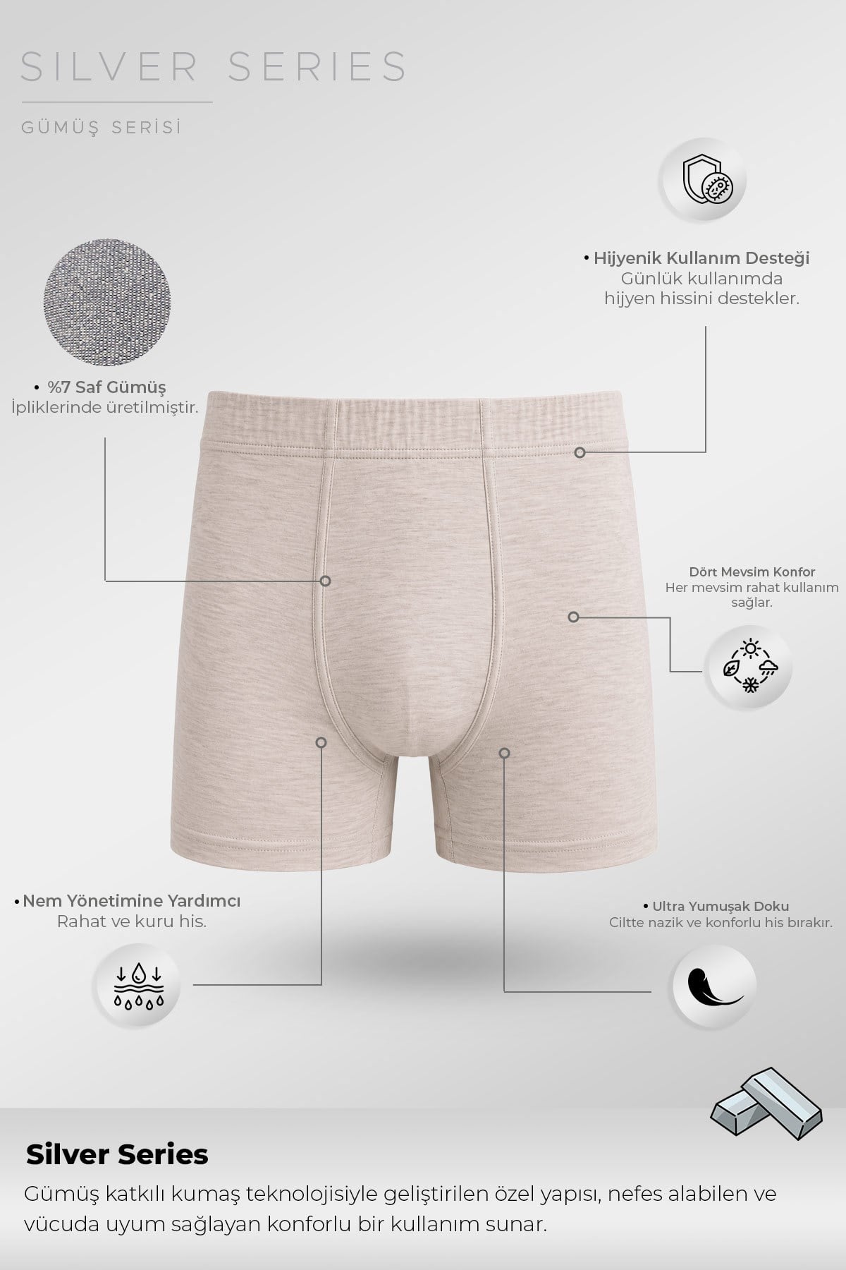 Mısırlı Erkek Gümüş Uzun Boxer Gri Melanj