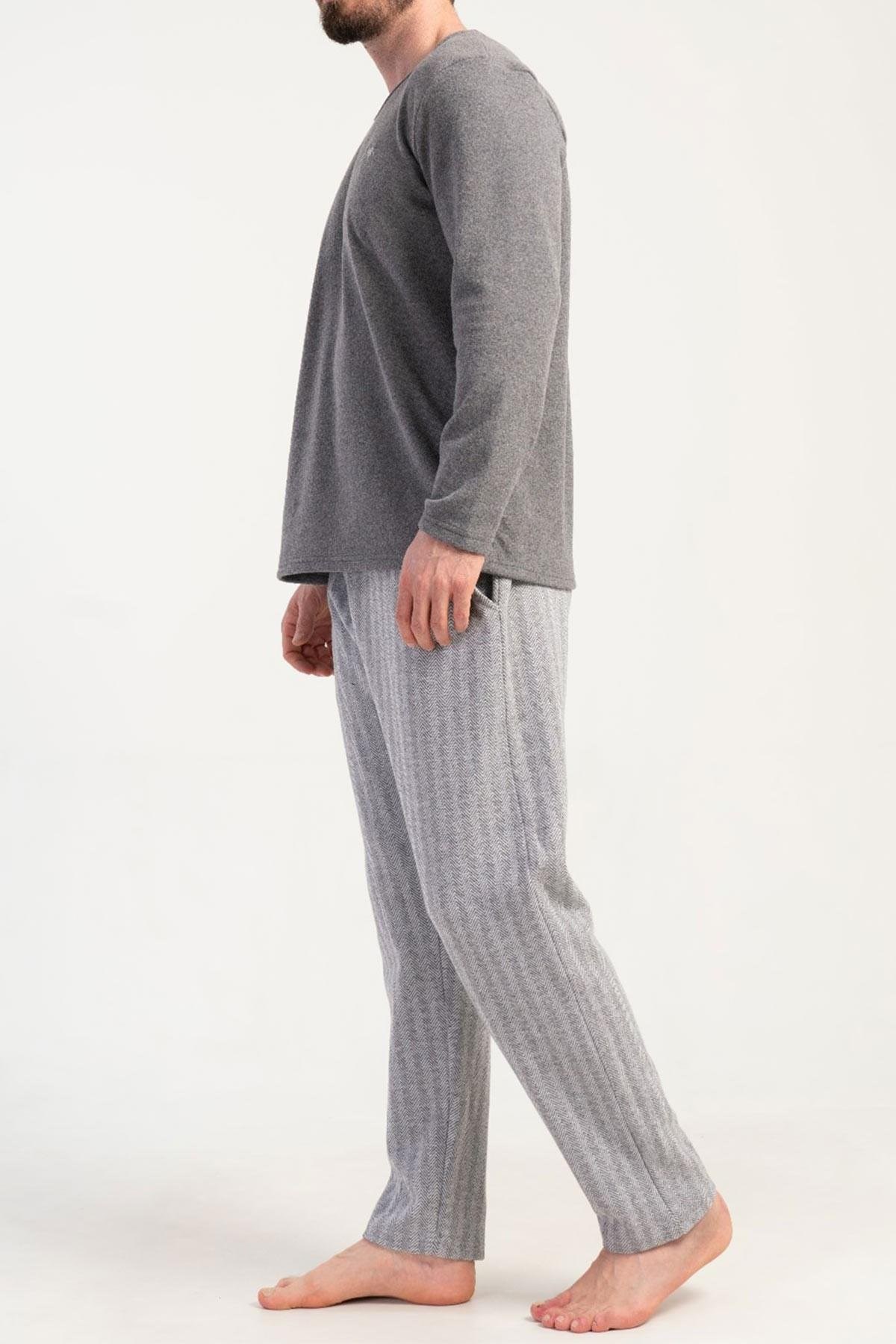 Mısırlı Erkek İnterlok Çizgili Uzun Kollu Pijama Takımı Gri