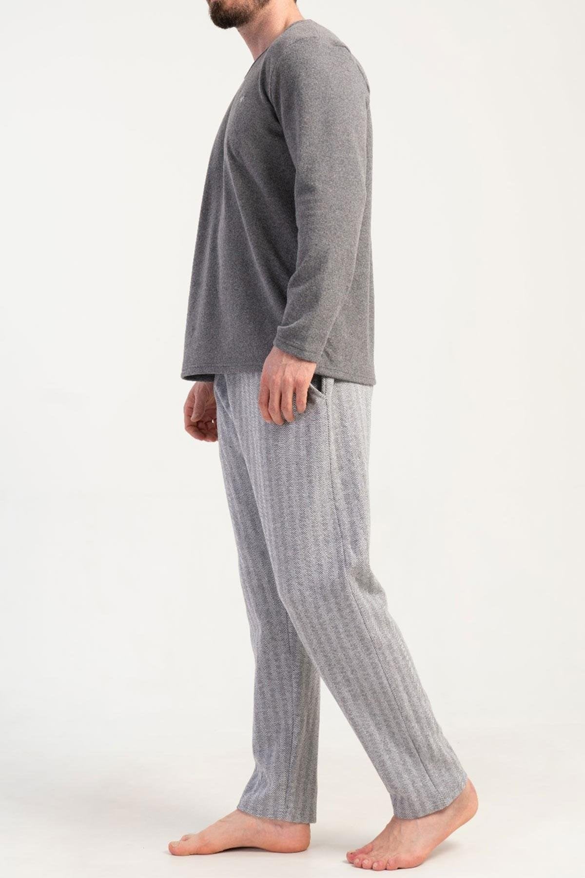 Mısırlı Erkek İnterlok Çizgili Uzun Kollu Pijama Takımı Gri