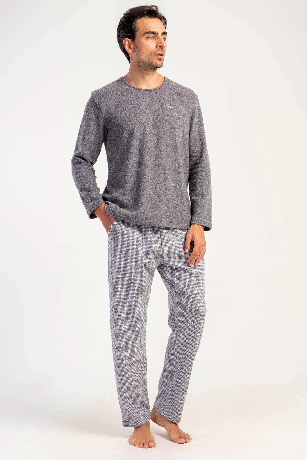 Mısırlı Erkek İnterlok Mikro Desenli Uzun Kollu Pijama Takımı Gri
