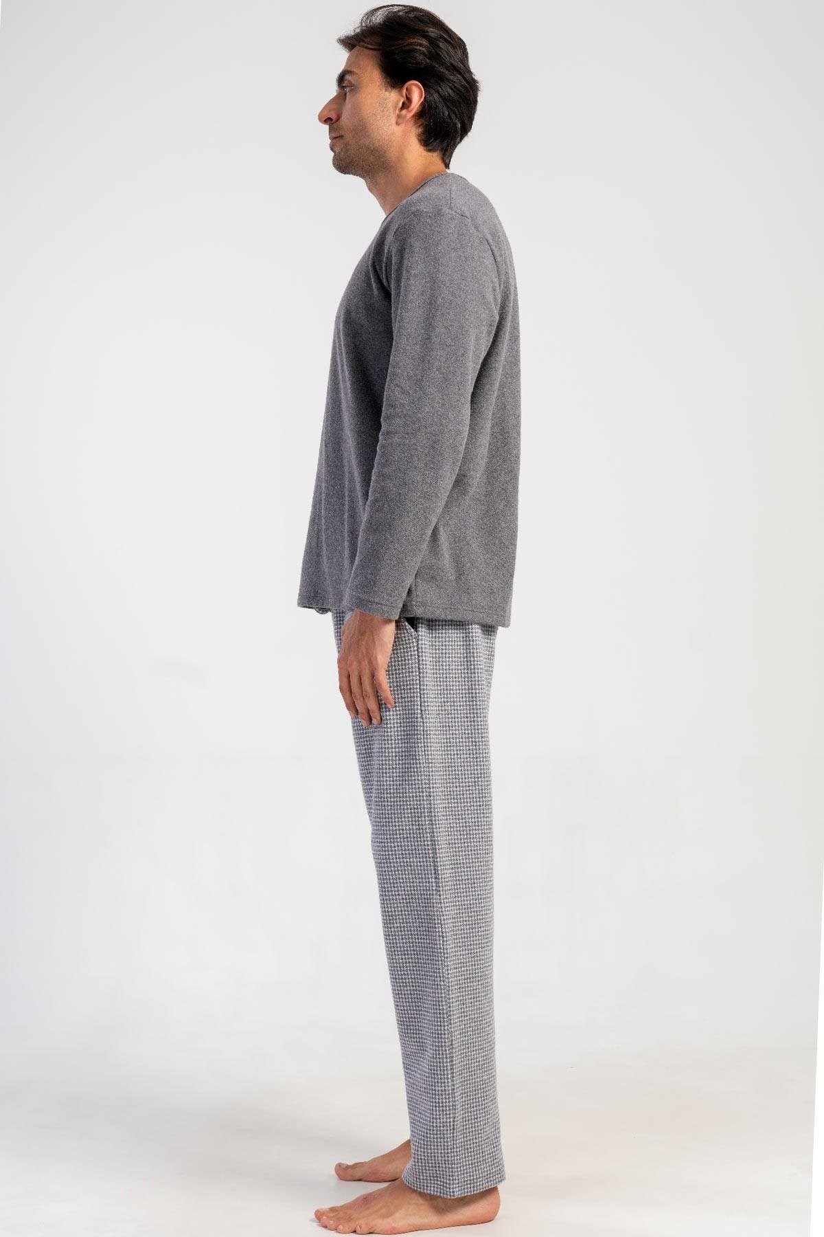 Mısırlı Erkek İnterlok Mikro Desenli Uzun Kollu Pijama Takımı Gri