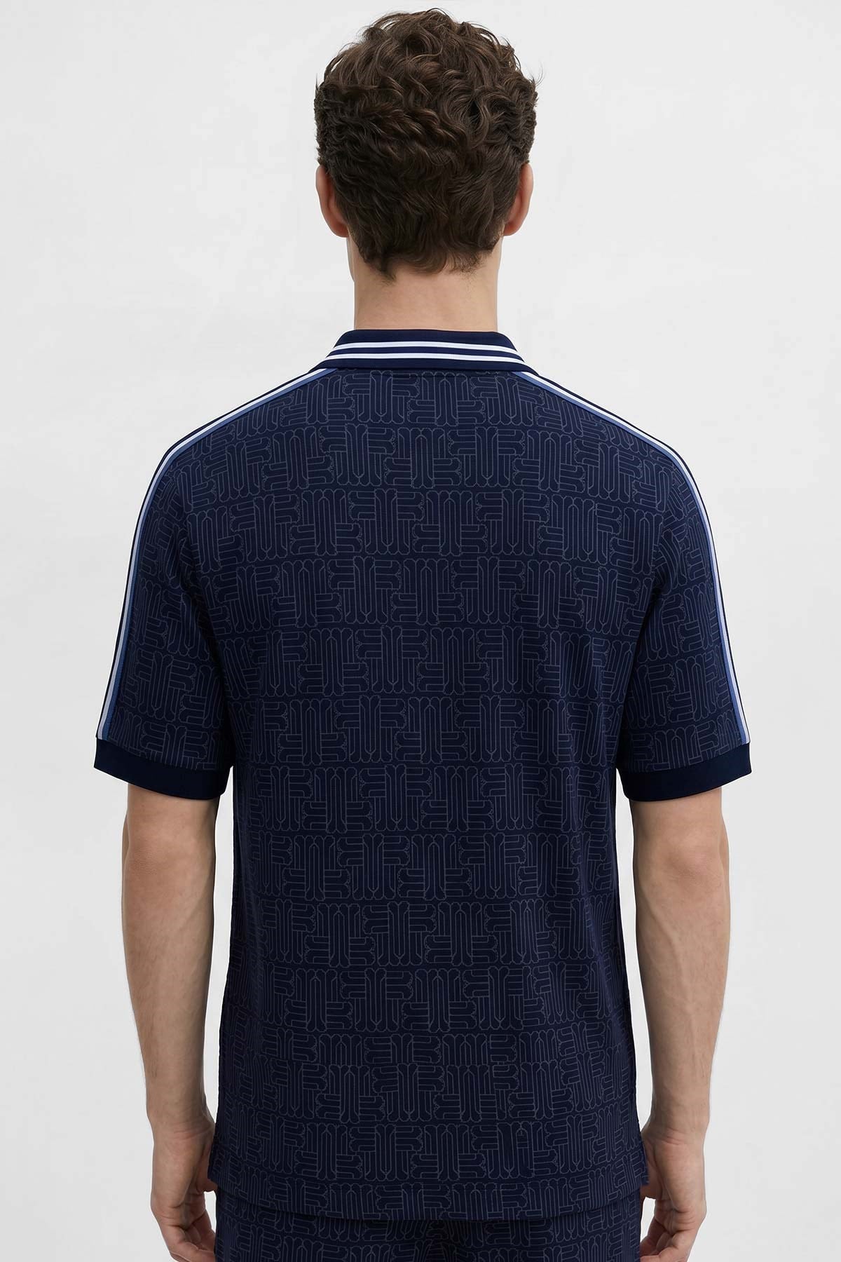 Mısırlı Erkek Jakarlı İnterlok  Monogram Desenli Tiktak Detaylı SLIM FIT Polo Yaka T-shirt Lacivert
