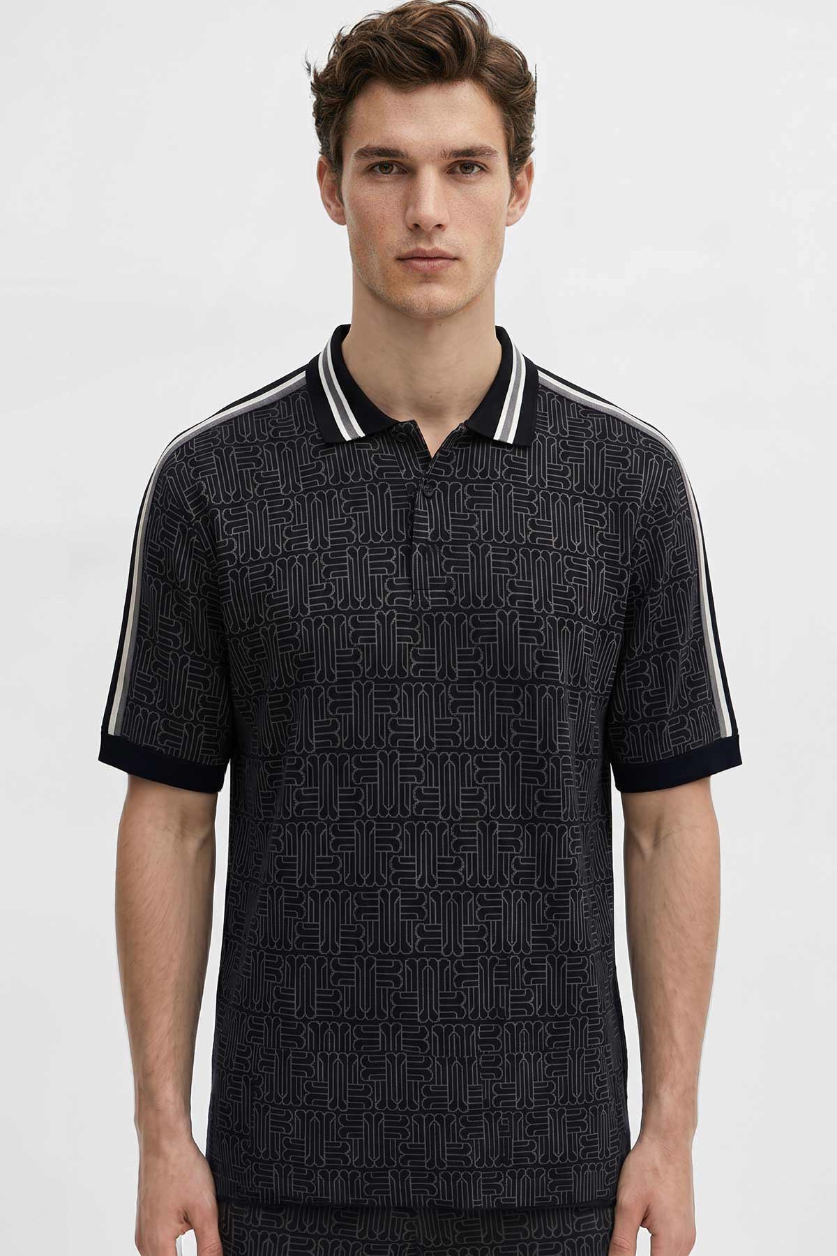 Mısırlı Erkek Jakarlı İnterlok  Monogram Desenli Tiktak Detaylı SLIM FIT Polo Yaka T-shirt Siyah