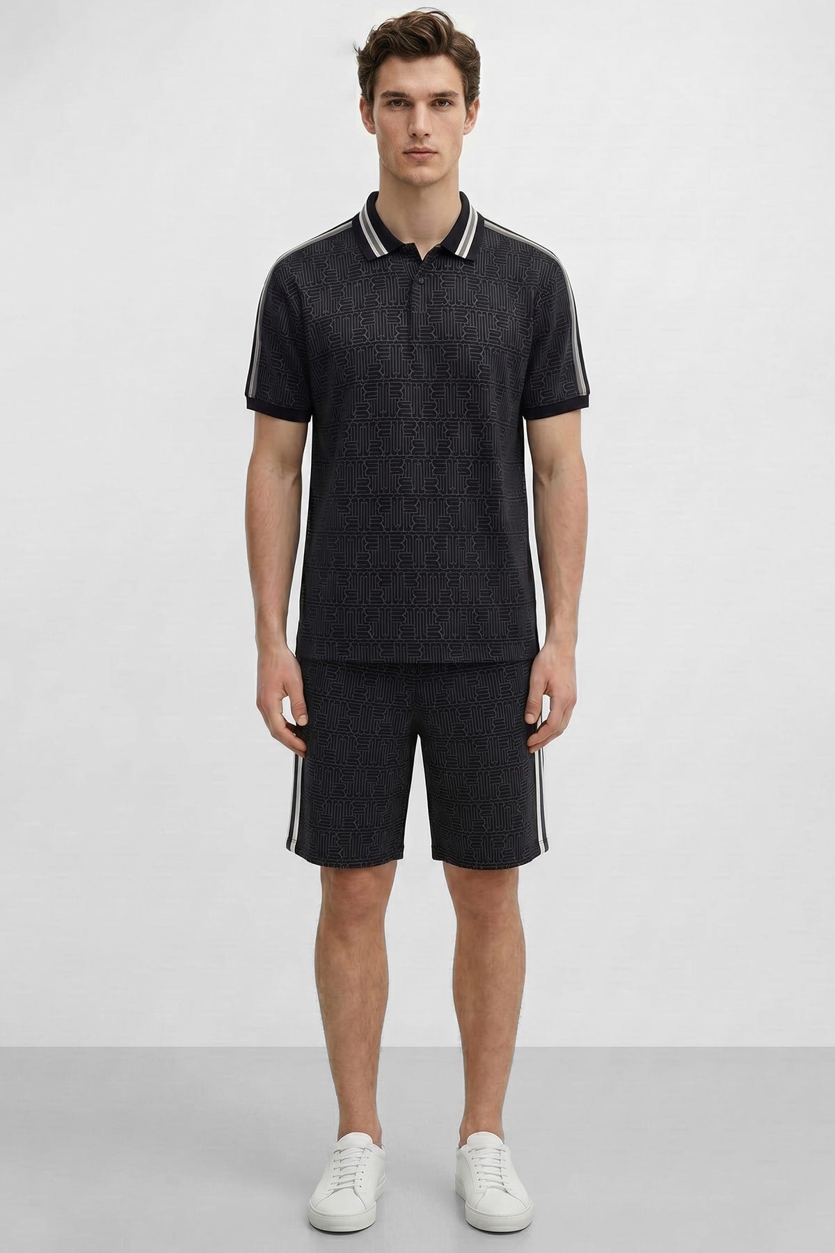 Mısırlı Erkek Jakarlı İnterlok  Monogram Desenli Tiktak Detaylı SLIM FIT Polo Yaka T-shirt Siyah