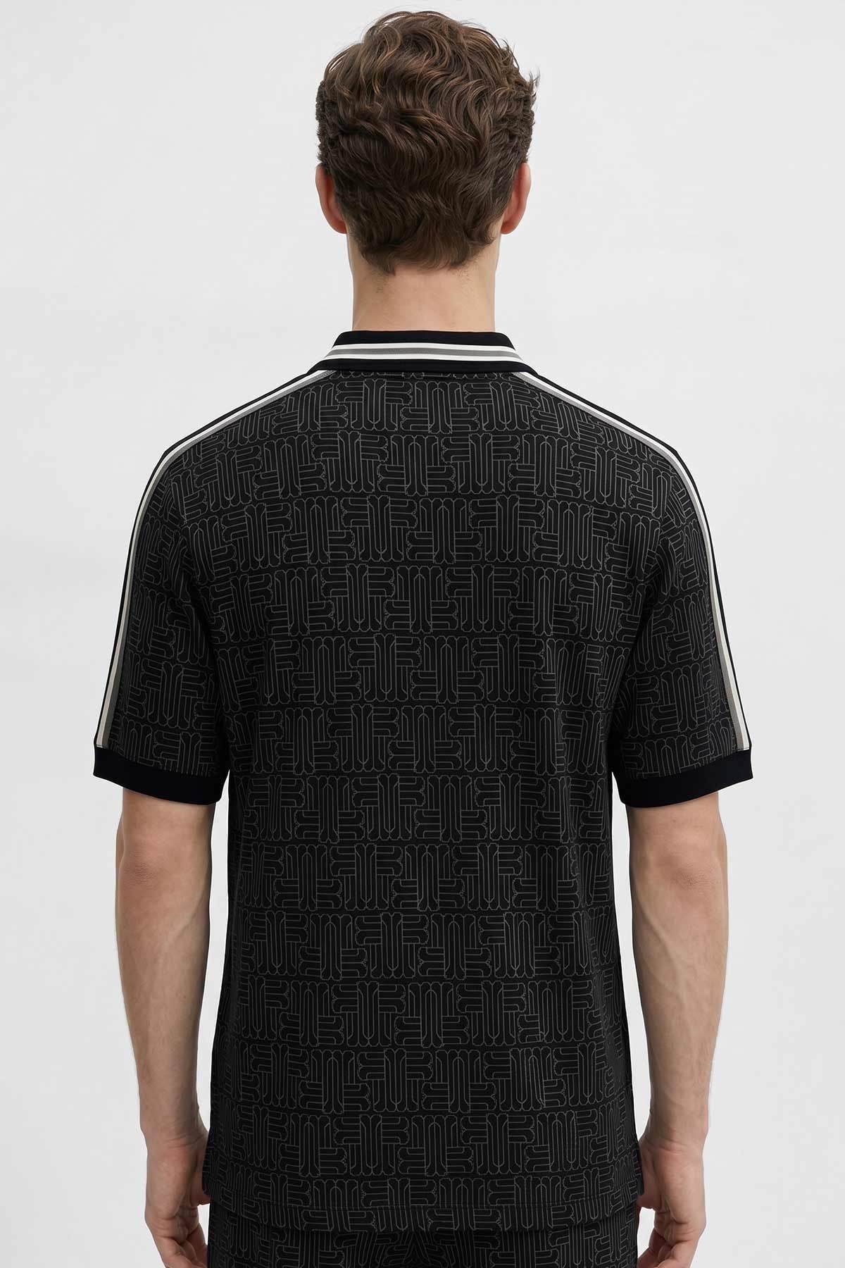 Mısırlı Erkek Jakarlı İnterlok  Monogram Desenli Tiktak Detaylı SLIM FIT Polo Yaka T-shirt Siyah