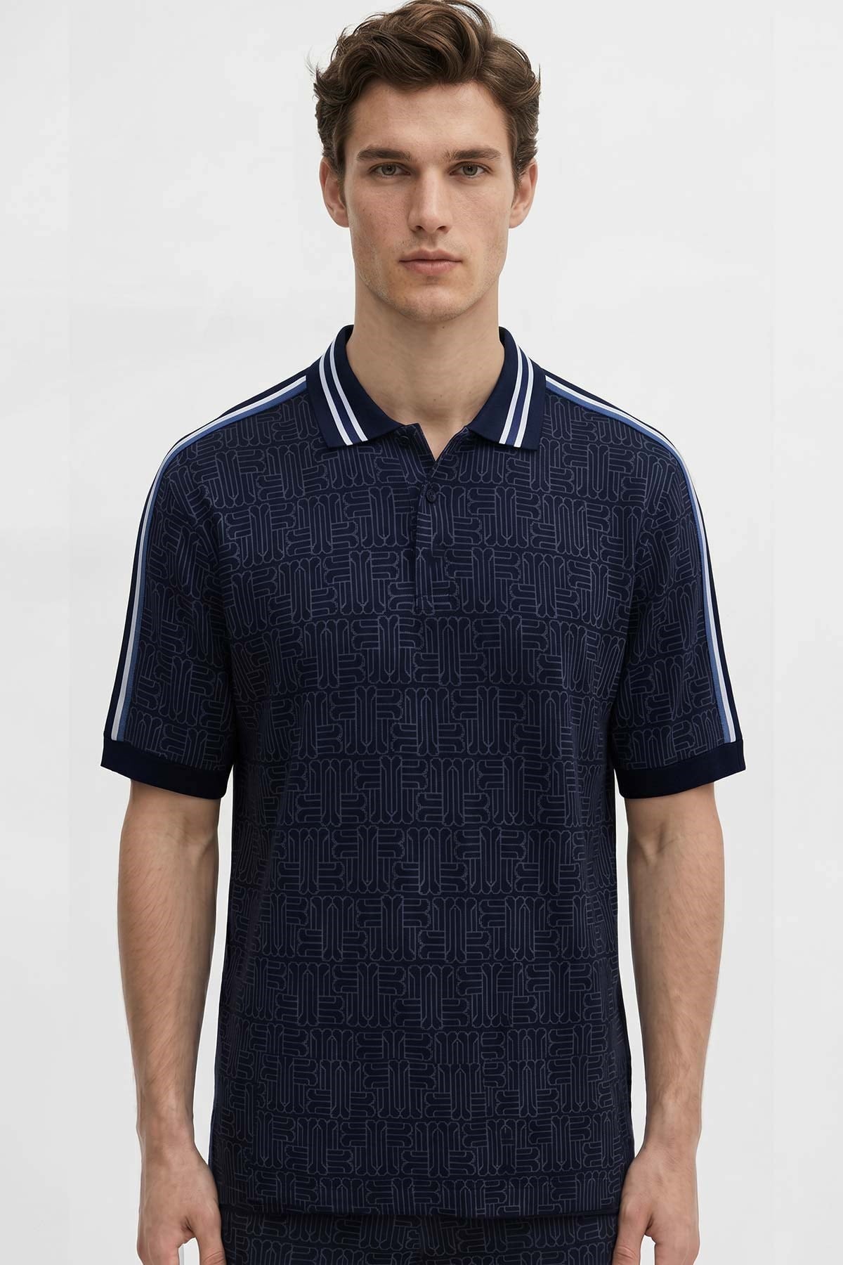 Mısırlı Erkek Jakarlı İnterlok  Monogram Desenli Tiktak Detaylı SLIM FIT Polo Yaka T-shirt Lacivert