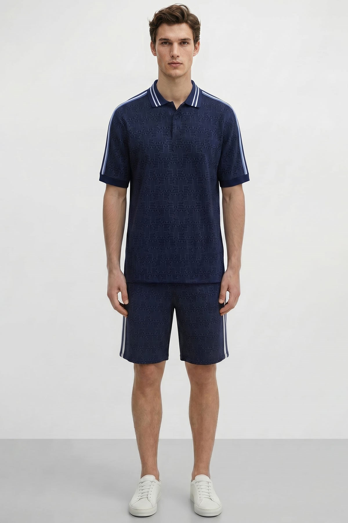 Mısırlı Erkek Jakarlı İnterlok  Monogram Desenli Tiktak Detaylı SLIM FIT Polo Yaka T-shirt Lacivert