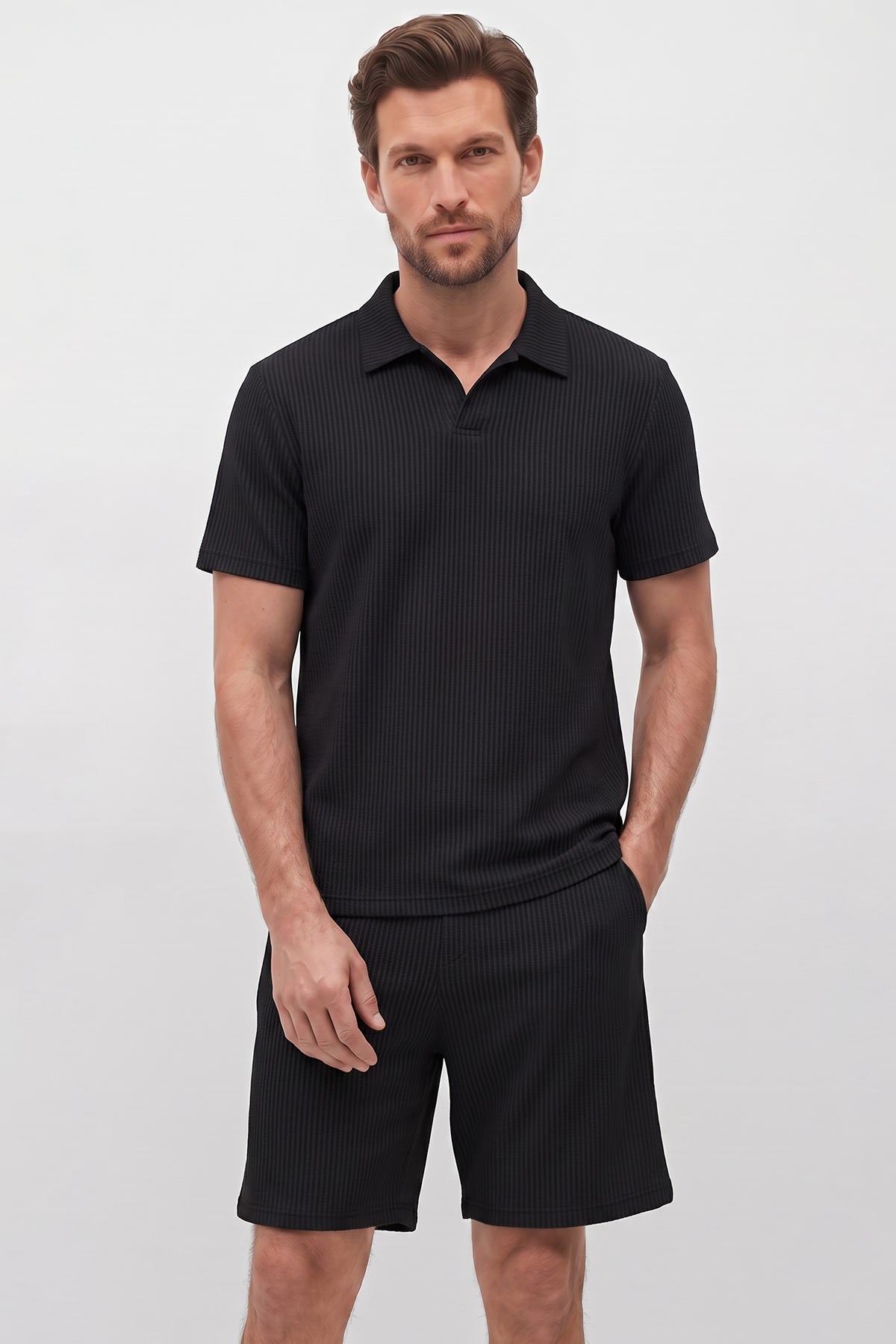 Mısırlı Erkek Jakarlı İnterlok Regular Fit Polo Tshirt Sort Takım Siyah