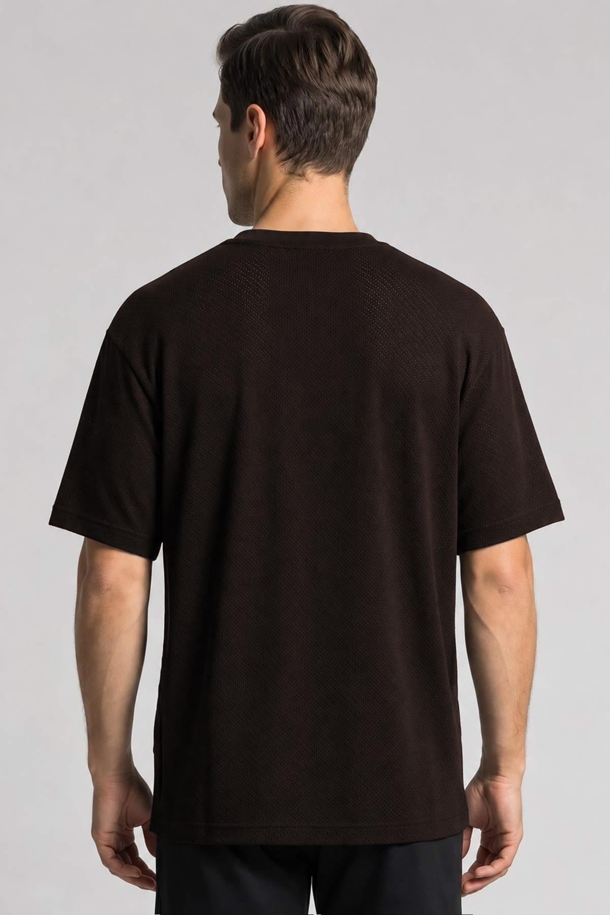Mısırlı Erkek Jakarlı Pamuk Bisiklet Yaka T-shirt Koyu Kahverengi
