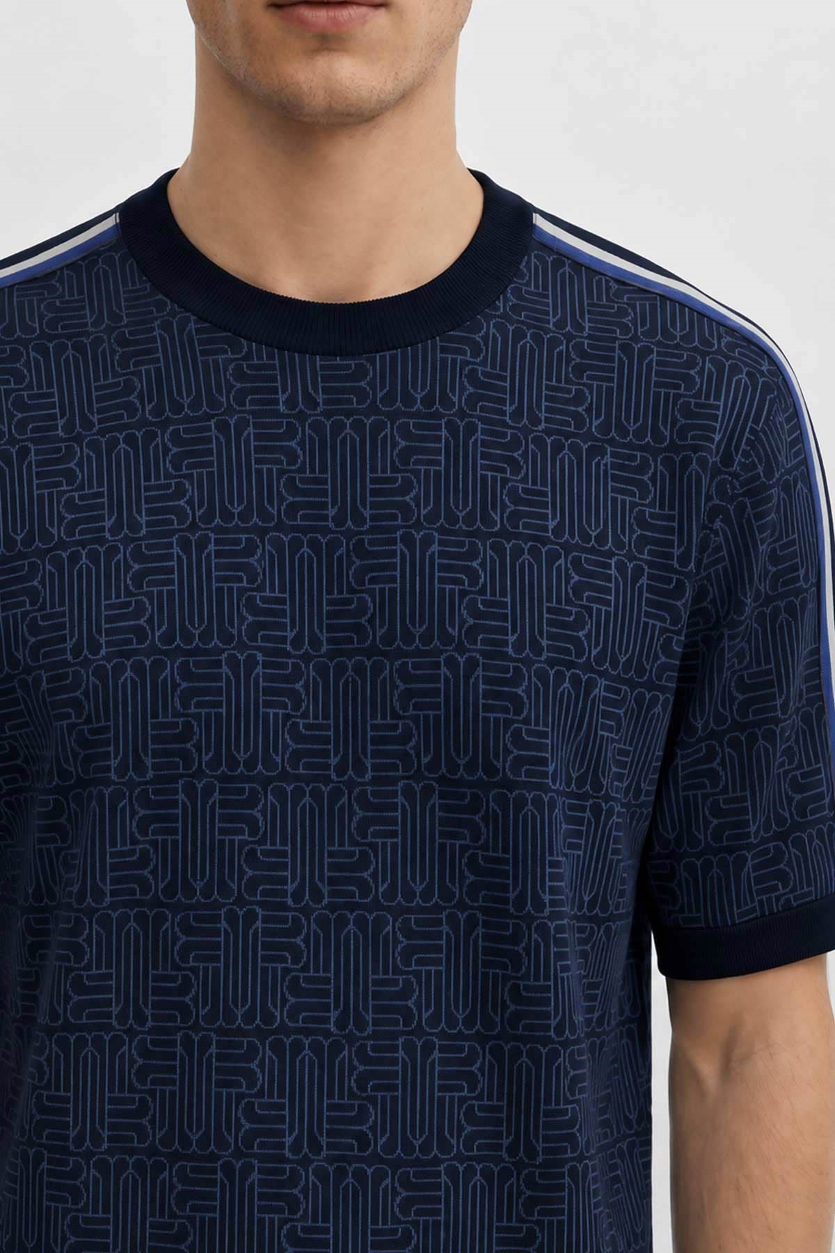 Mısırlı Erkek Monogram Desenli Slim Fit Tshirt Sort Takım Lacivert