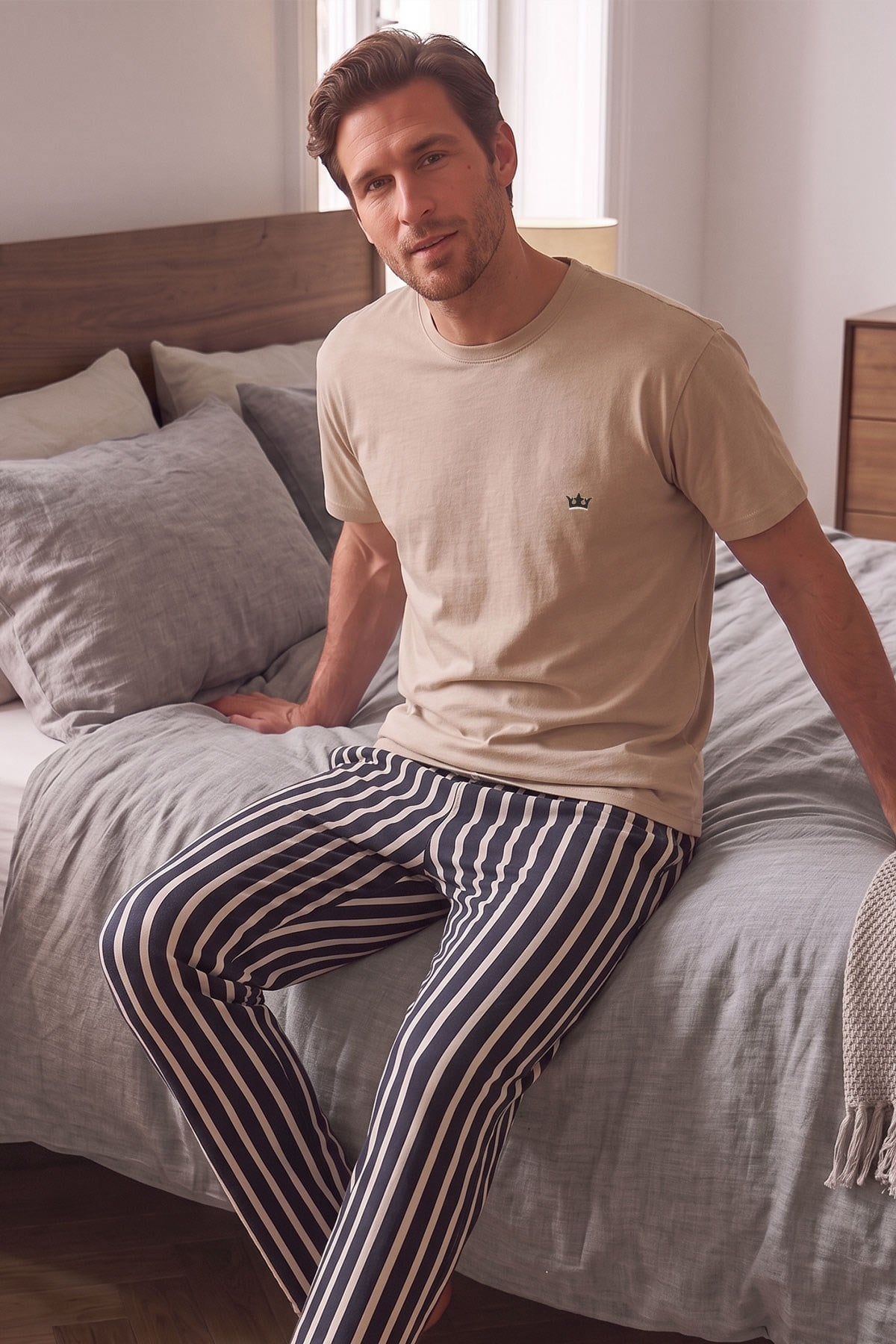 Mısırlı Erkek Pamuk Çizgili Pijama Takım Bej-Acı Kahve