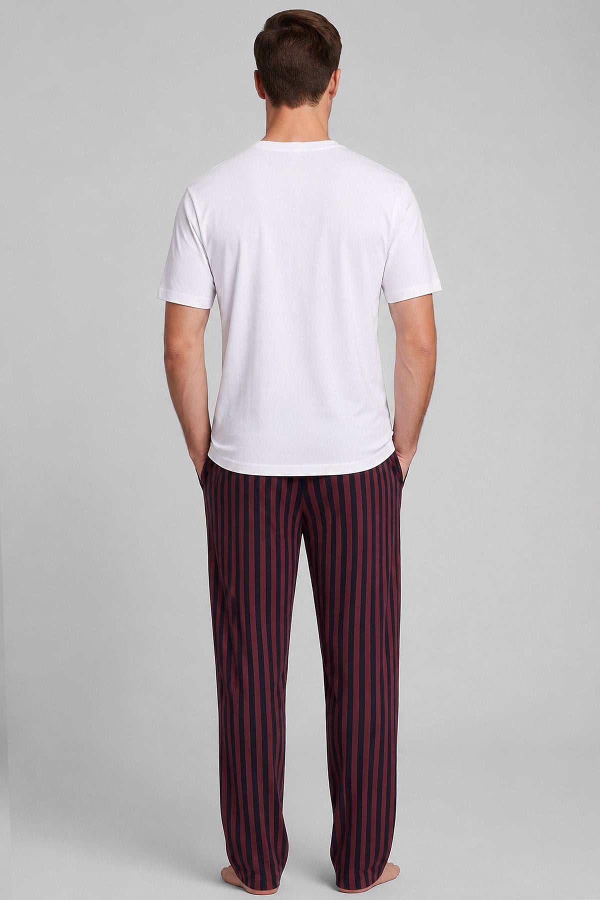 Mısırlı Erkek Pamuk Çizgili Pijama Takım Beyaz-Bordo