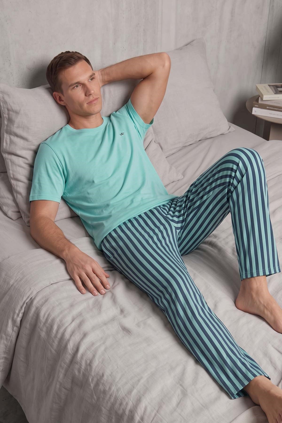 Mısırlı Erkek Pamuk Çizgili Pijama Takım Pastel Turkuaz