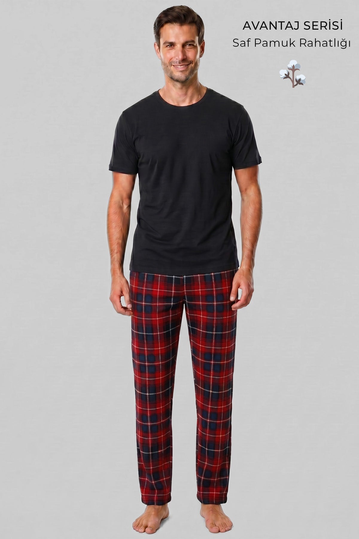 Mısırlı Erkek Pamuk Ekoseli Pijama Takım Kırmızı