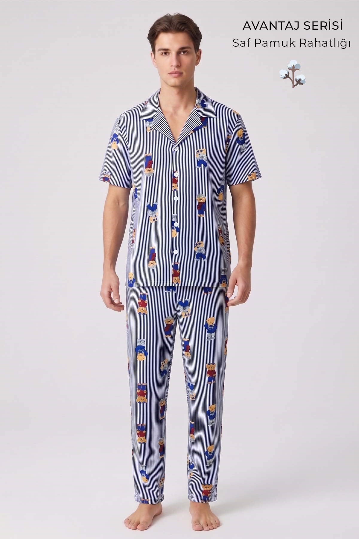 Mısırlı Erkek Pamuk Kısa Kollu Gömlek Pijama Takım Lacivert