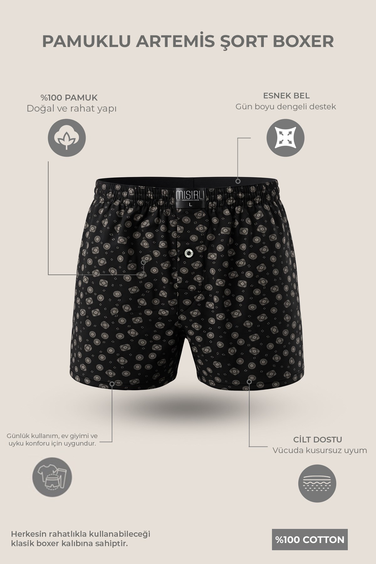 Mısırlı Erkek Pamuk Köşe Üçgen Relax Fit Boxer Geometrik Desen/Siyah