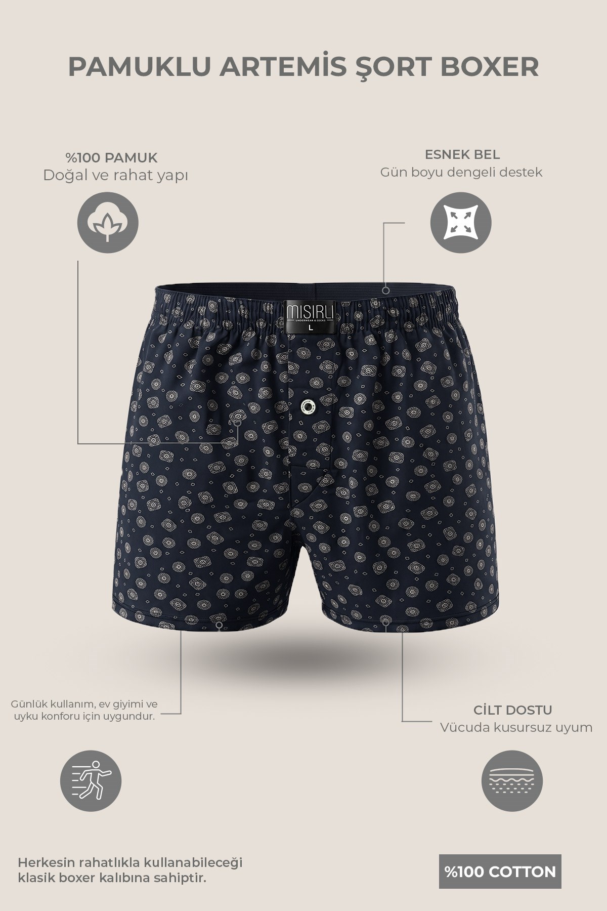 Mısırlı Erkek Pamuk Köşe Üçgen Relax Fit Boxer Motifli Desen/Lacivert