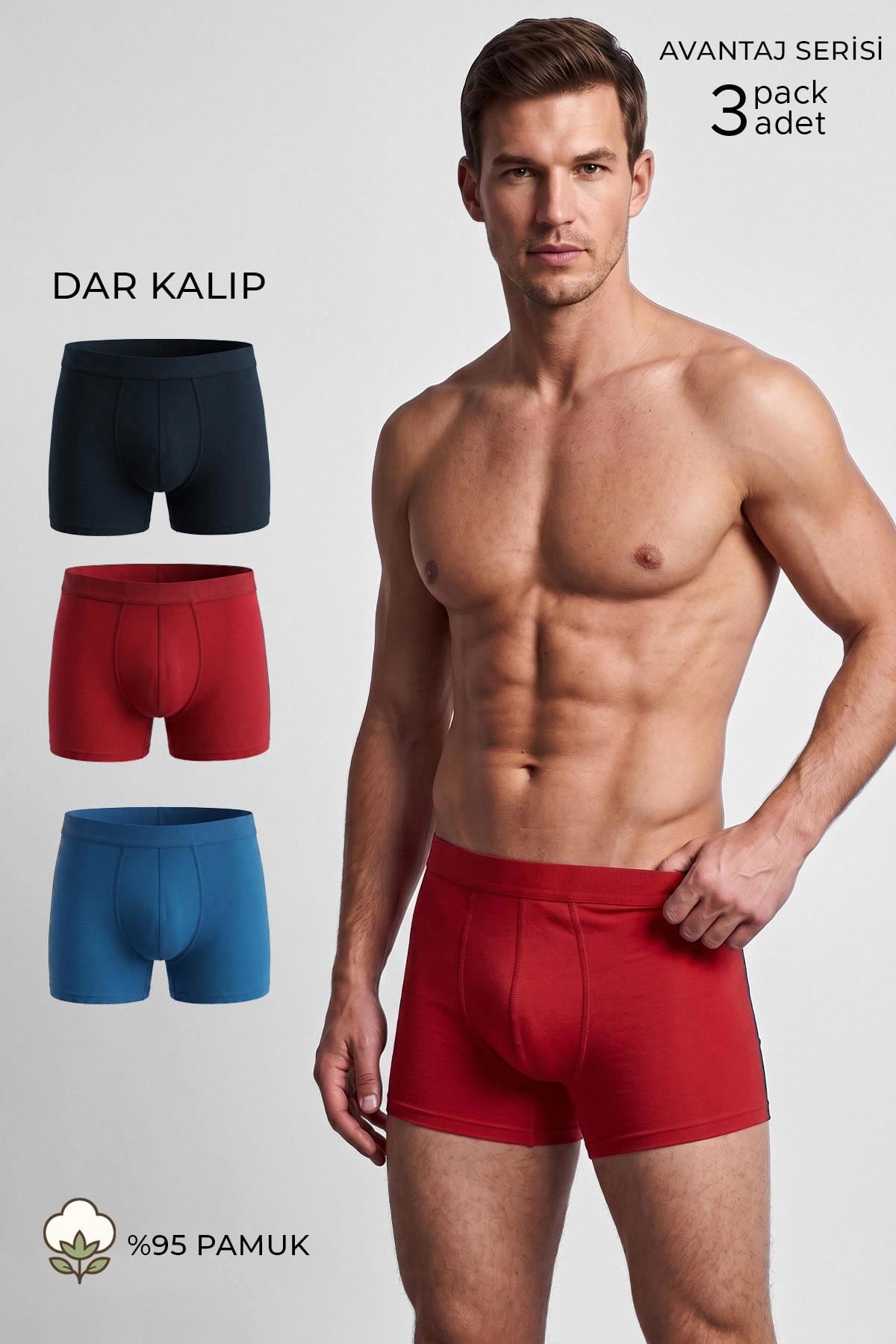 Mısırlı Erkek Pamuklu Ekonamik Üçlü Pack Boxer Lacivert-Kırmızı-Sax