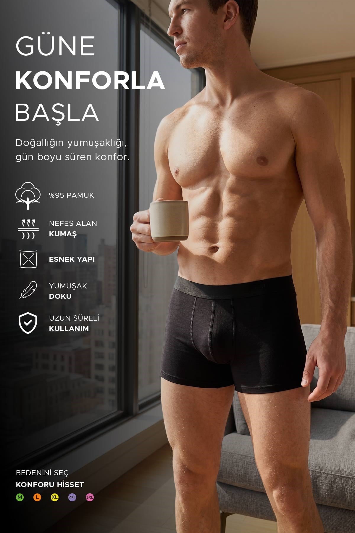 Mısırlı Erkek PAMUKLU DAR (Slim) KALIP Klasik Boxer Üçlü Pack Siyah