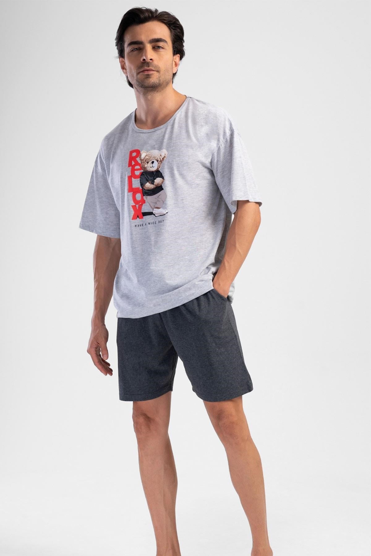 Mısırlı Erkek Pamuklu Kısa Kol Şort Pijama Takımı Gri Melanj