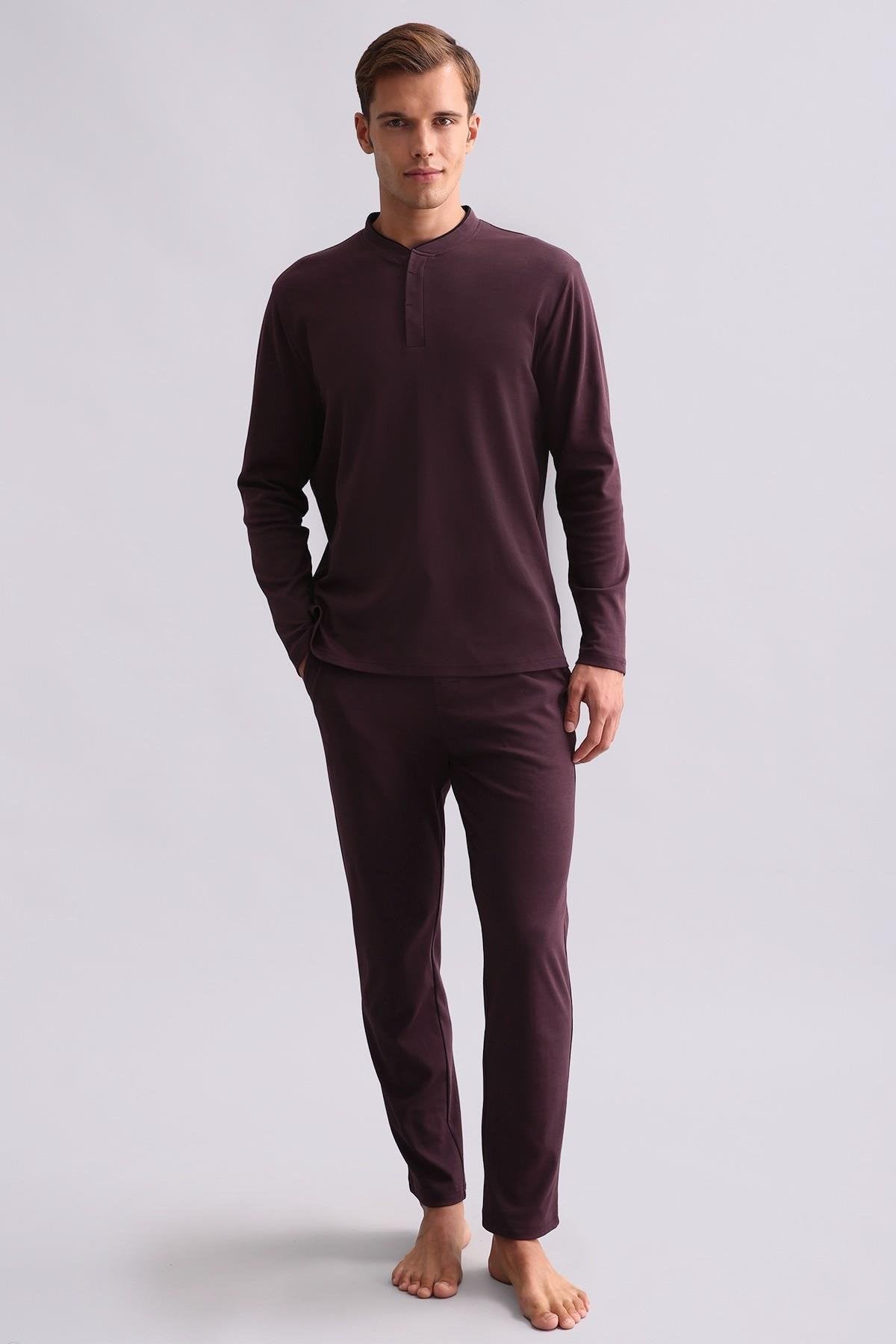 Mısırlı Erkek Pamuklu Uzun Kollu Hakim Yaka Pijama Takımı Bordo