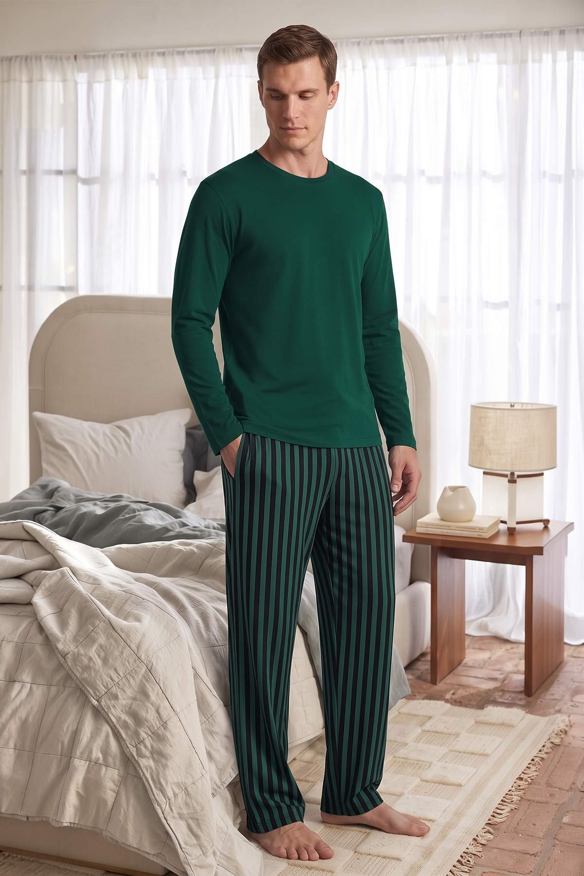 Mısırlı Erkek Pamuklu Uzun Kollu Pijama Takım Zümrüt Yeşil-Siyah