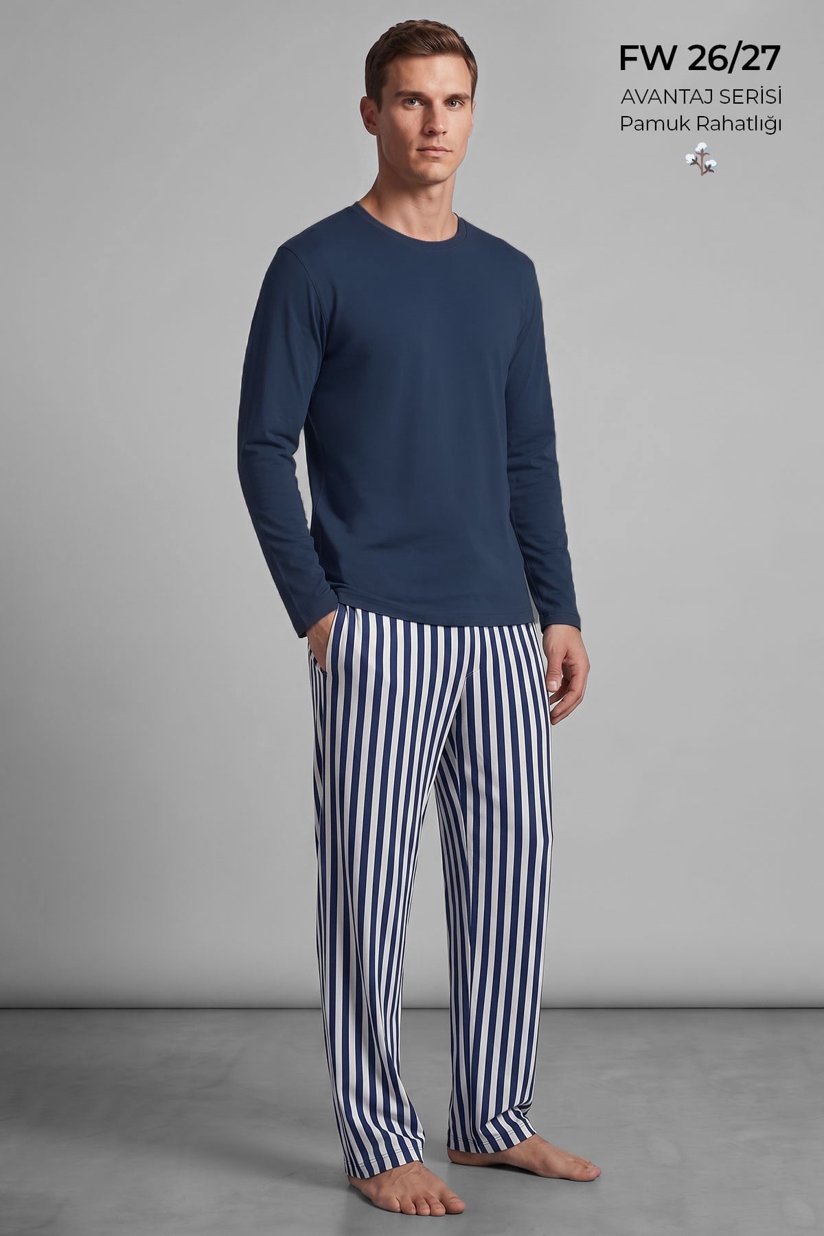Mısırlı Erkek Pamuklu Uzun Kollu Pijama Takım Lacivert-Ekru